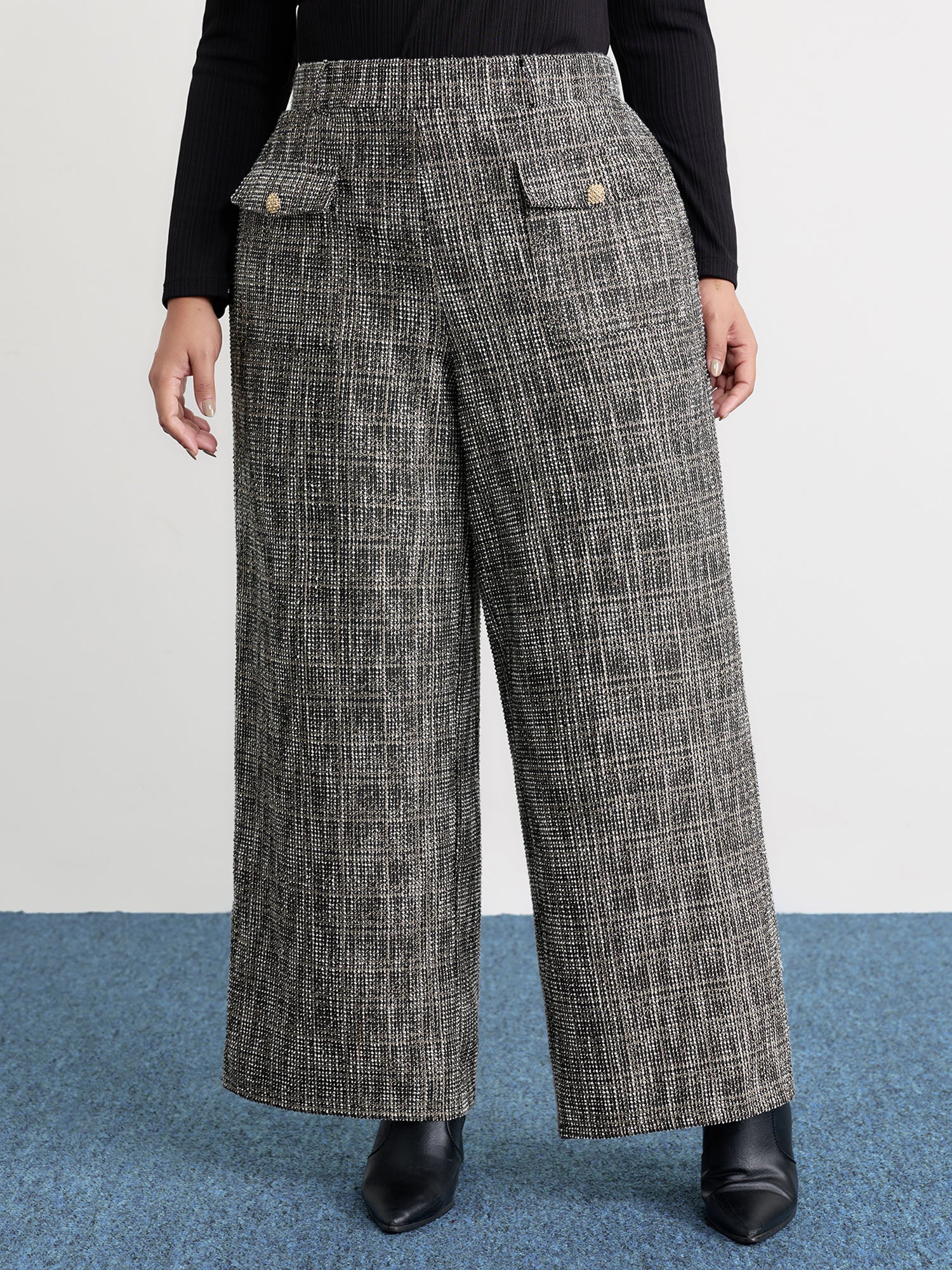 Tweed Pockets Wide Waistband Pants