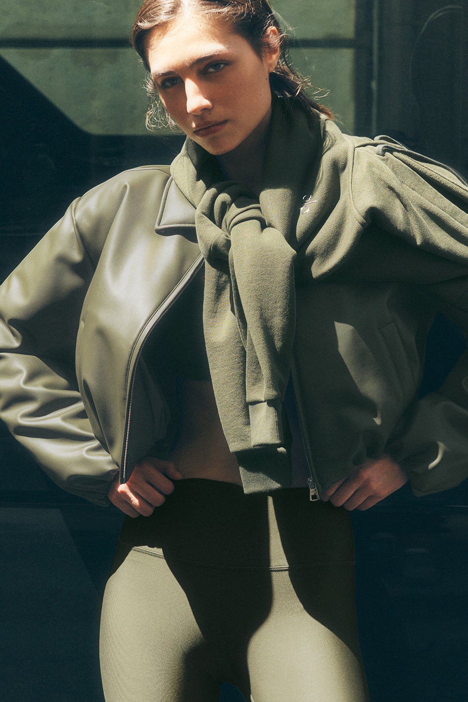 Faux Leather Cropped Premier Bomber - Green Olive