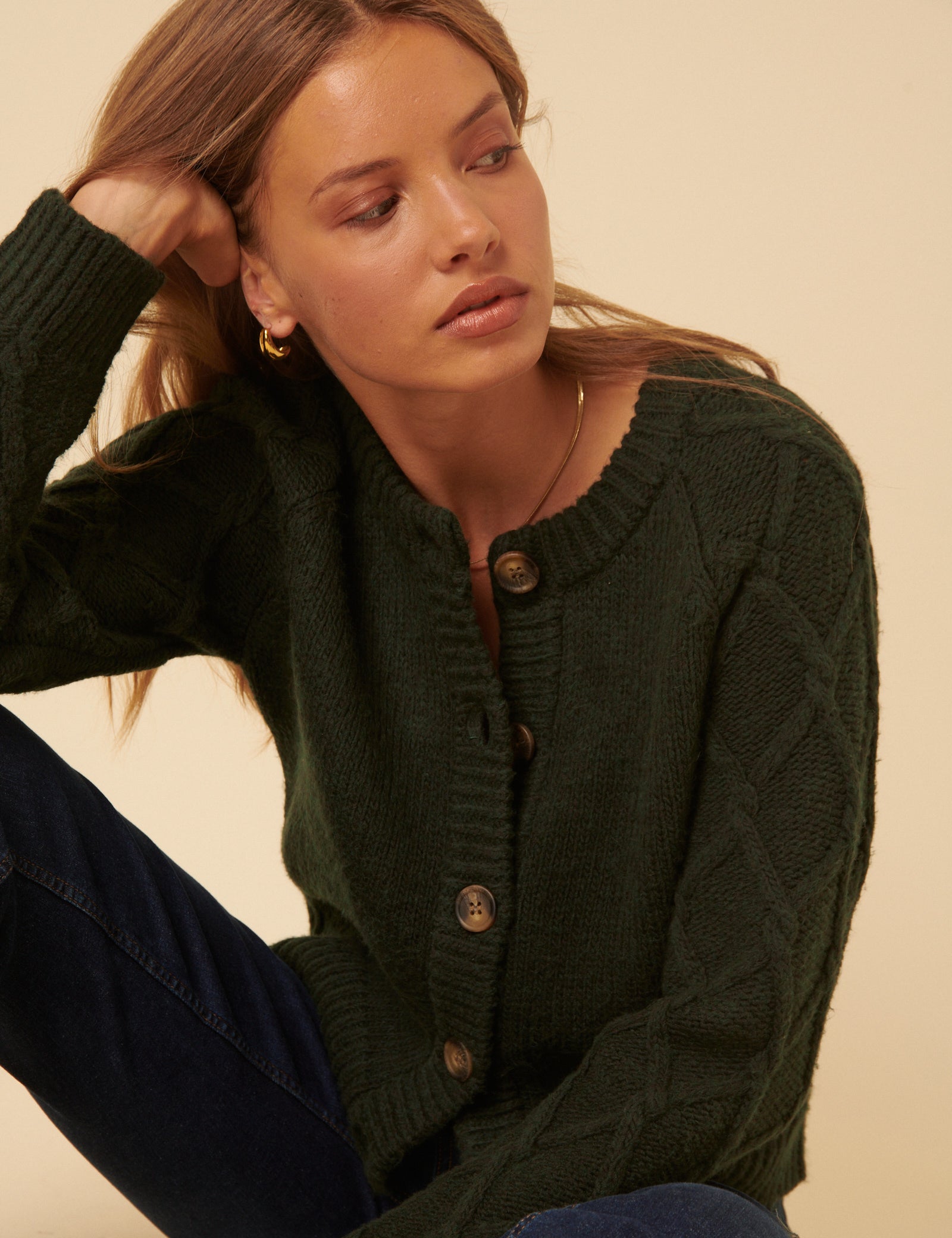 Khaki Cable Knit Crew Neck Cardigan