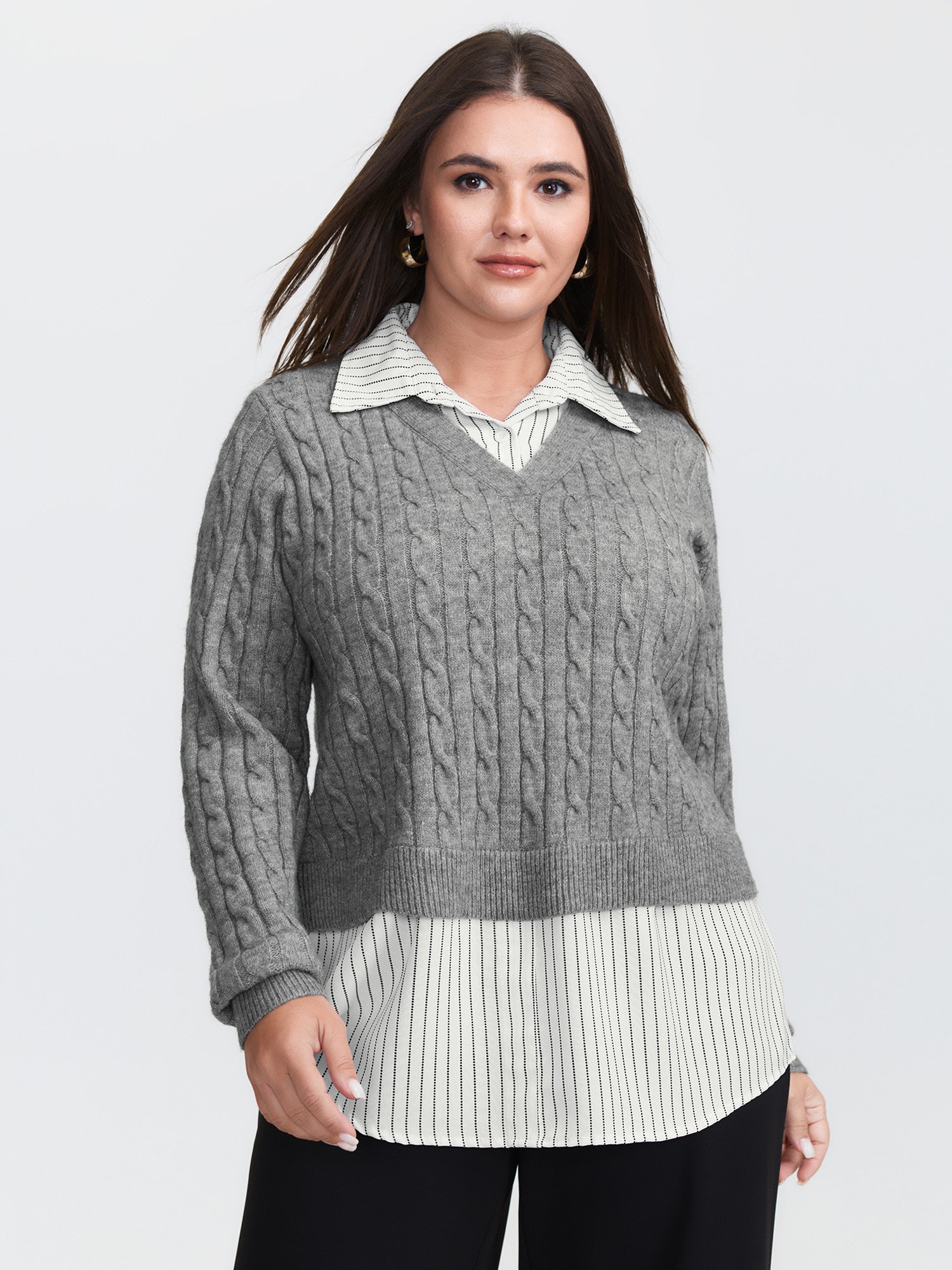 Layered Cable Stitch Ribbed Pullover