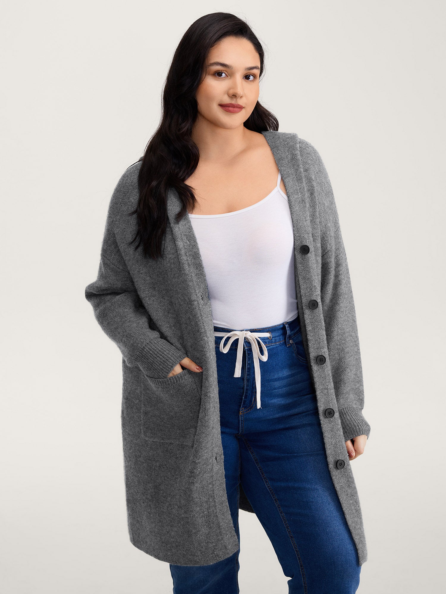 Hooded Button Slit Pockets Knit Cardigan