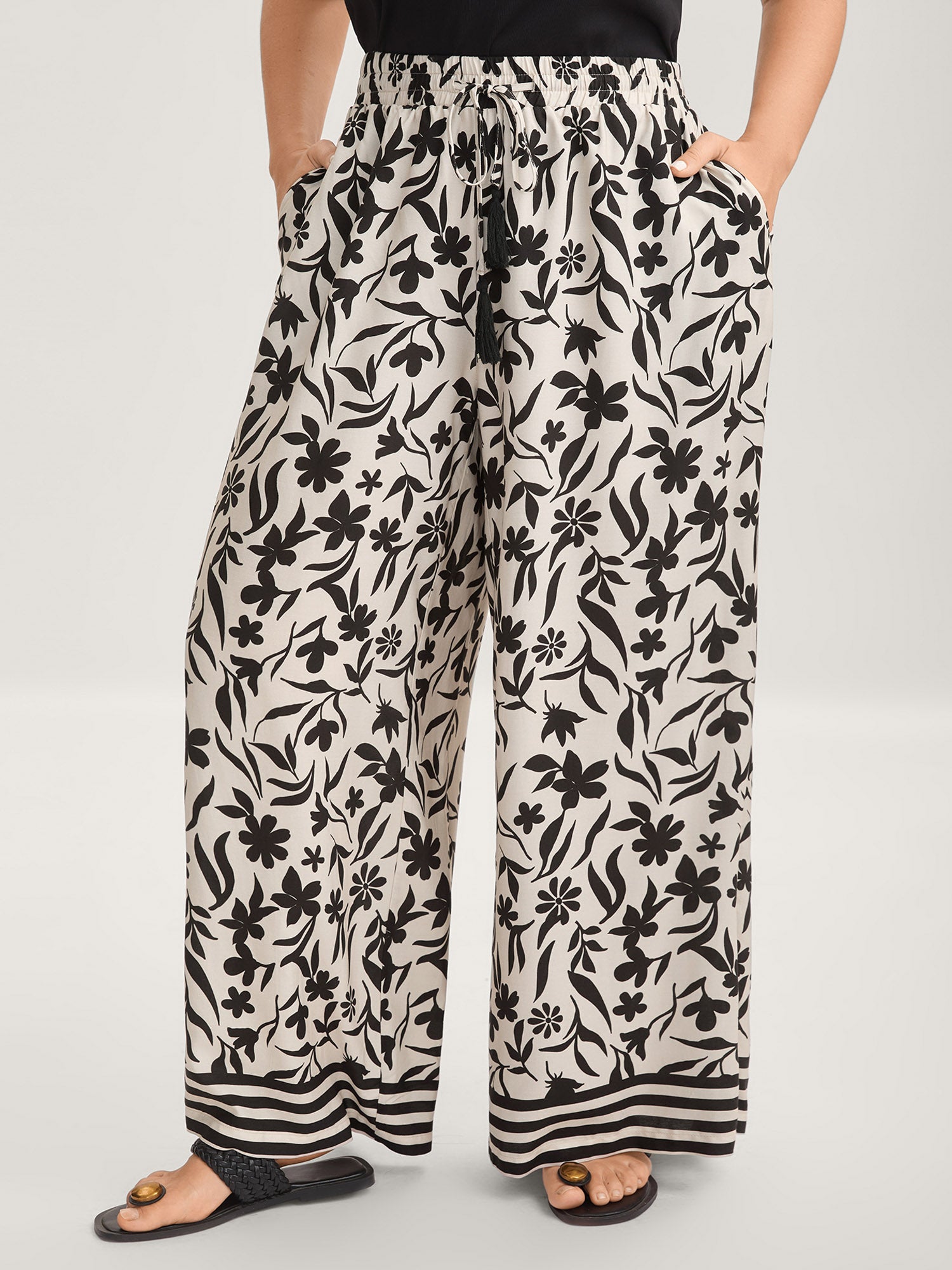 Floral Print Wide-Leg Contrast Pants