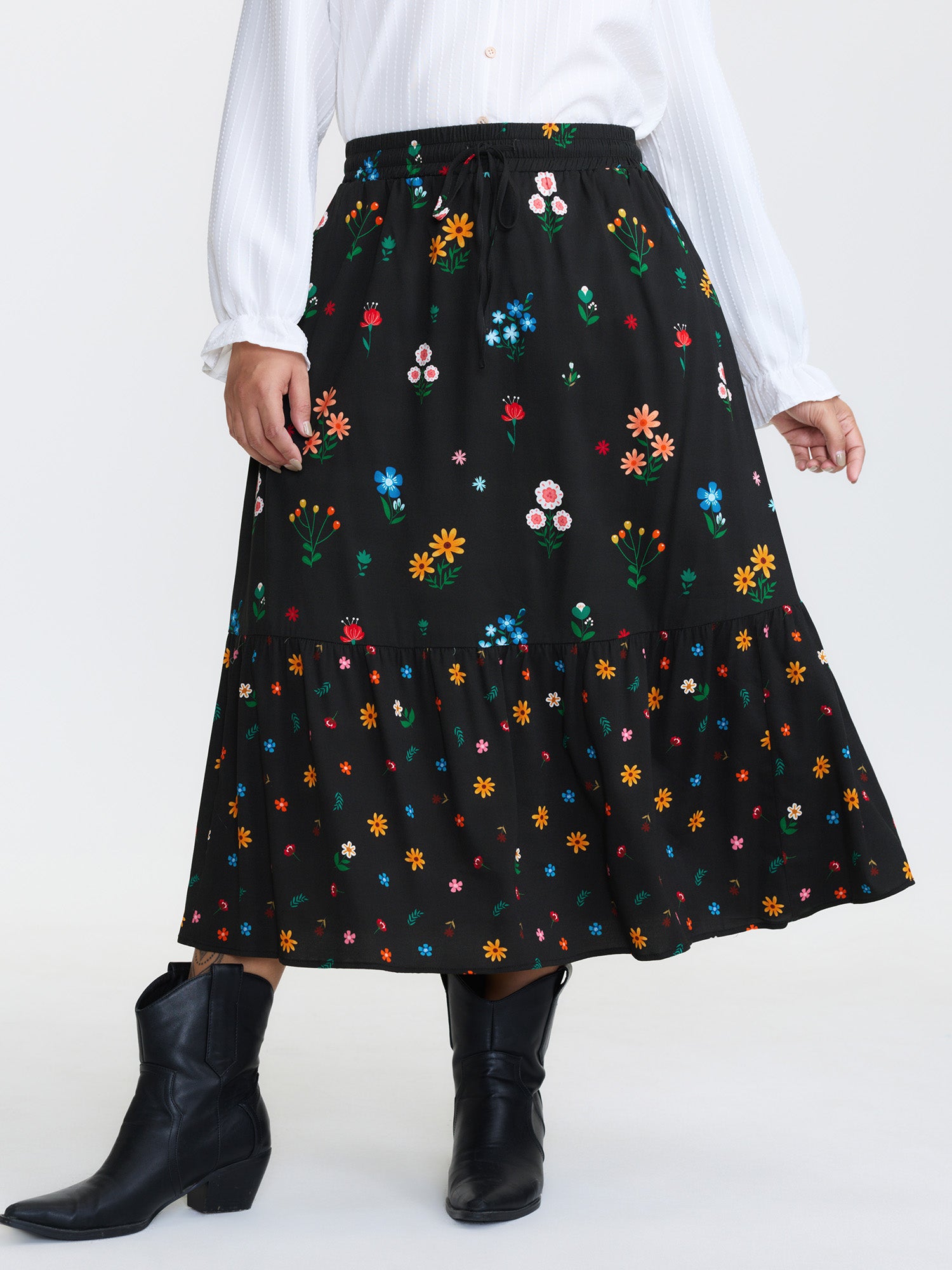 Colorful Floral Print Drawstring Midi Skirt