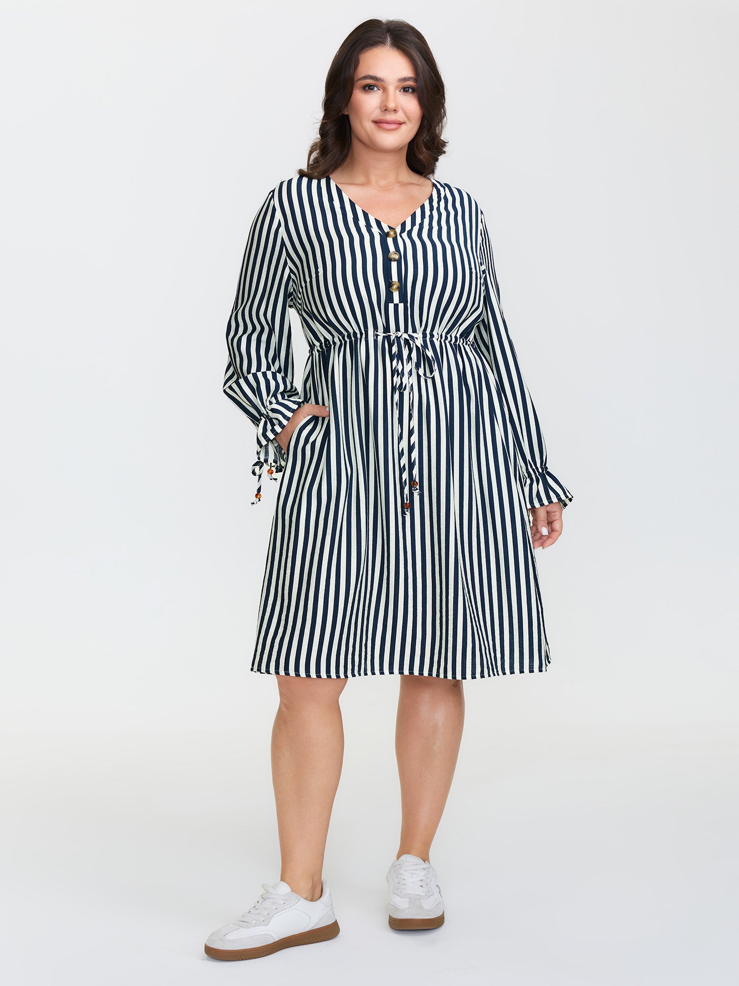Rayon Stripe Pockets Drawstring Midi Dress