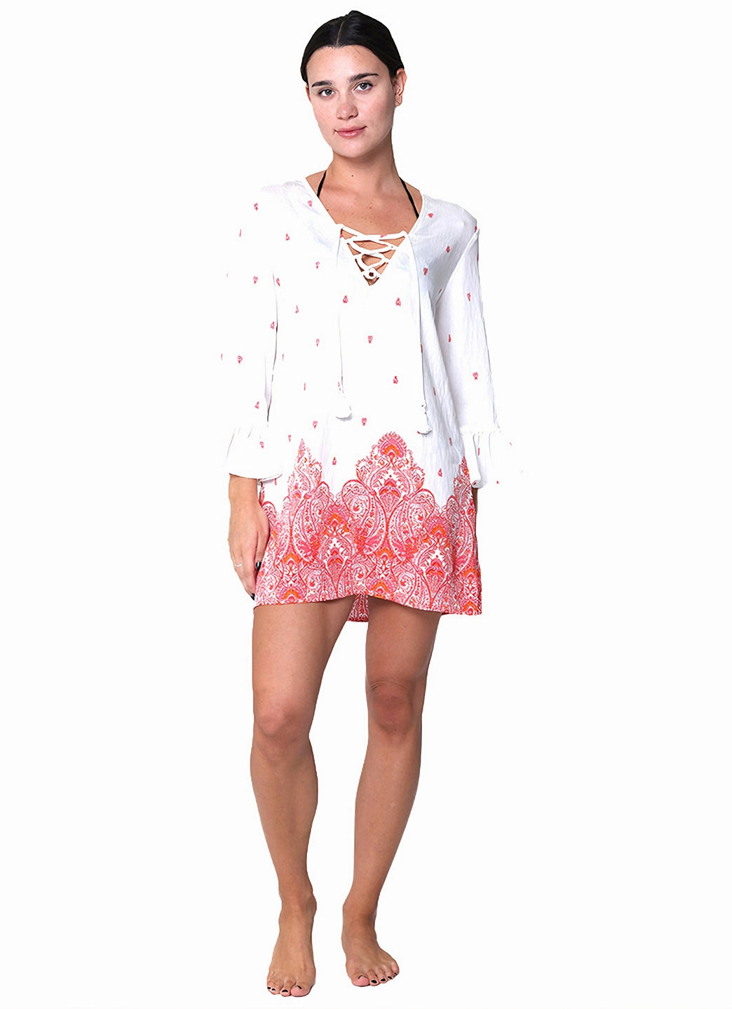 J.Valdi Women's Corsica Ruffle Sleeve Lace Neck Tunic Cover Up