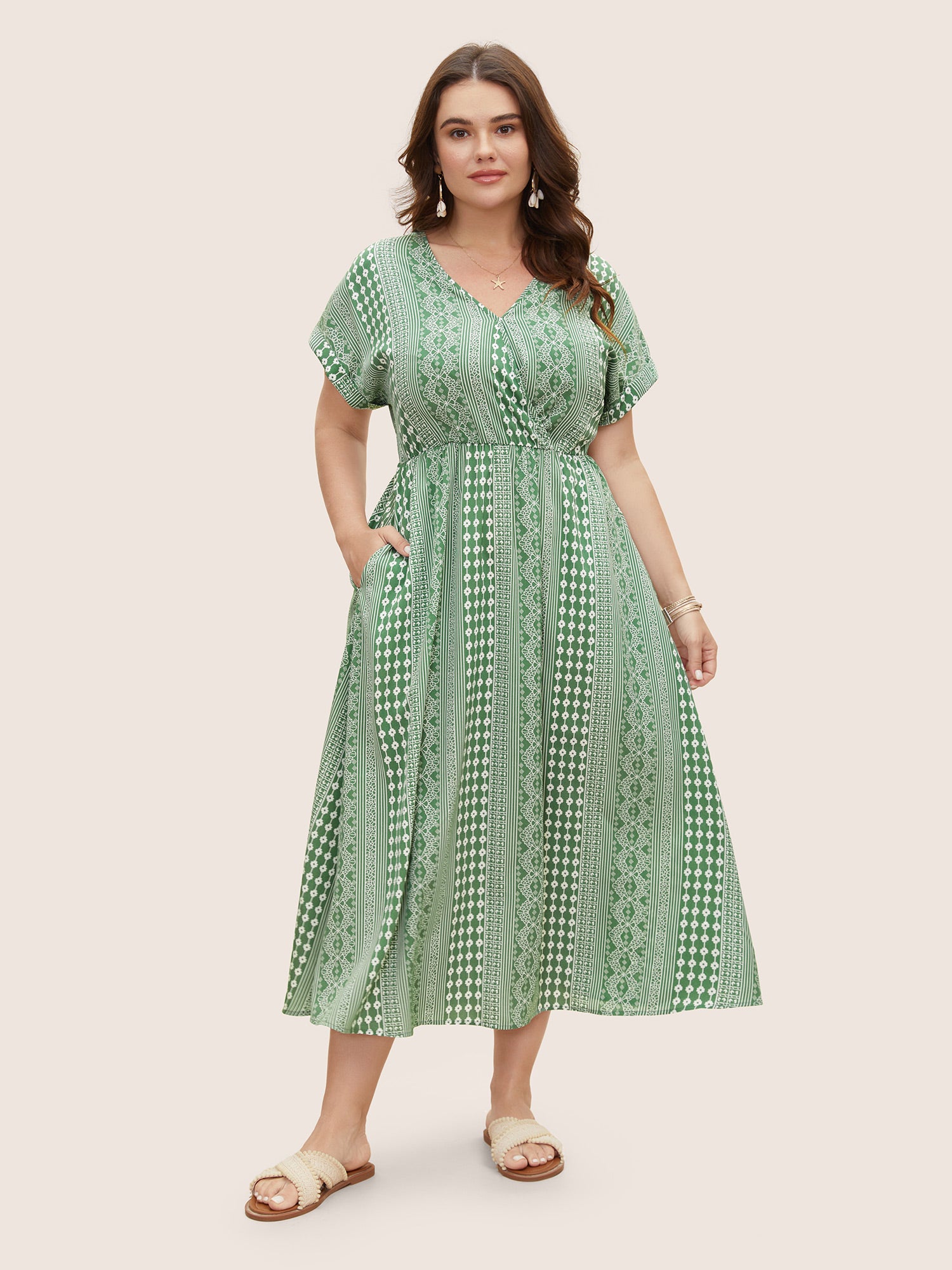 Boho Print Overlap Collar Dolman Sleeve Dress