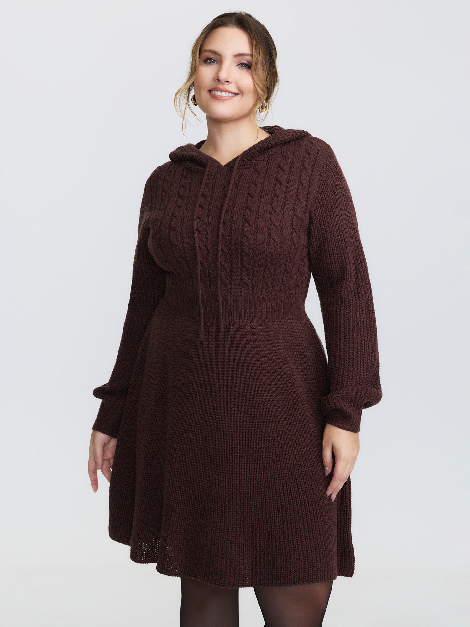 Textured Hooded Cinched-Waist Sweater Dress