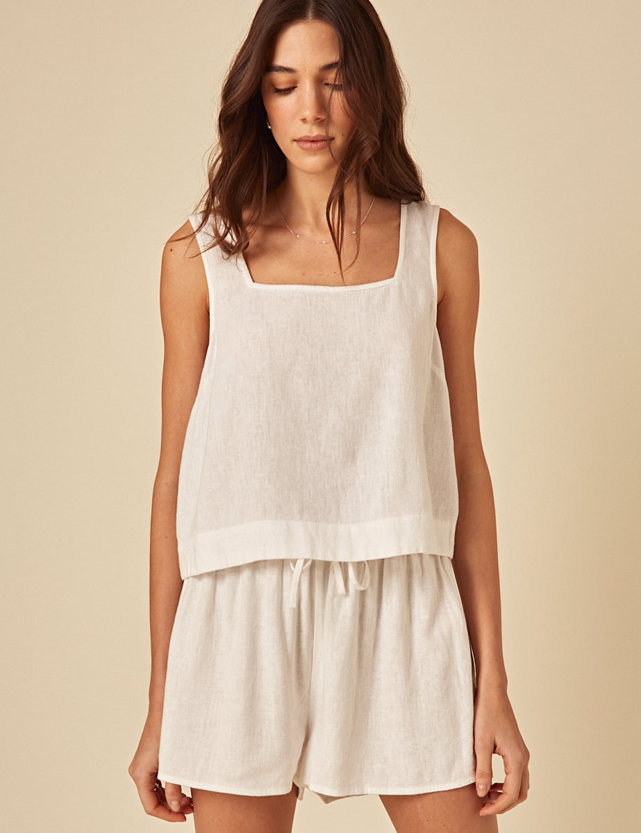 White Linen-blend Swing Top