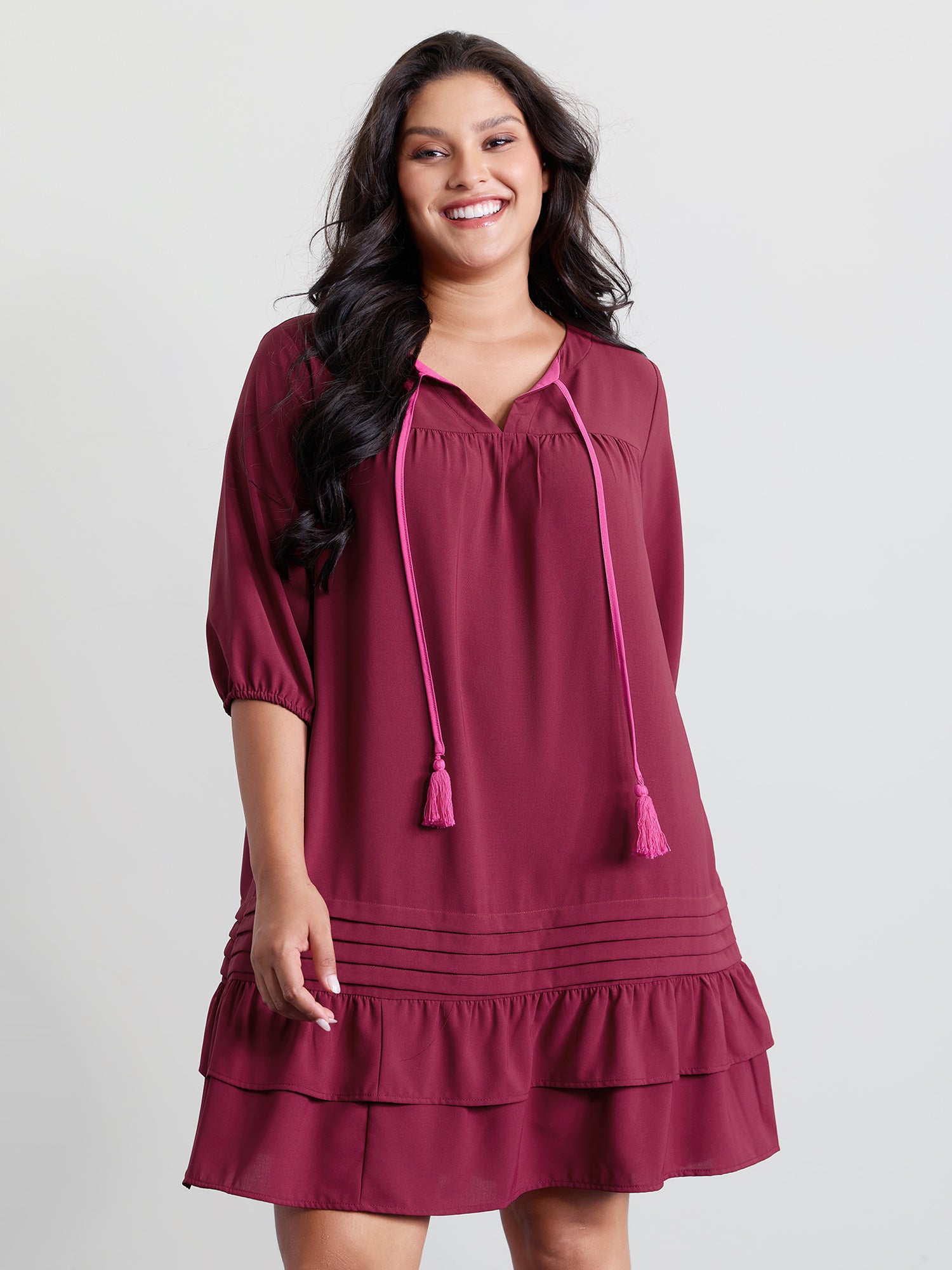 Stretchy Waist Tiered Tie Knee-Length Dress