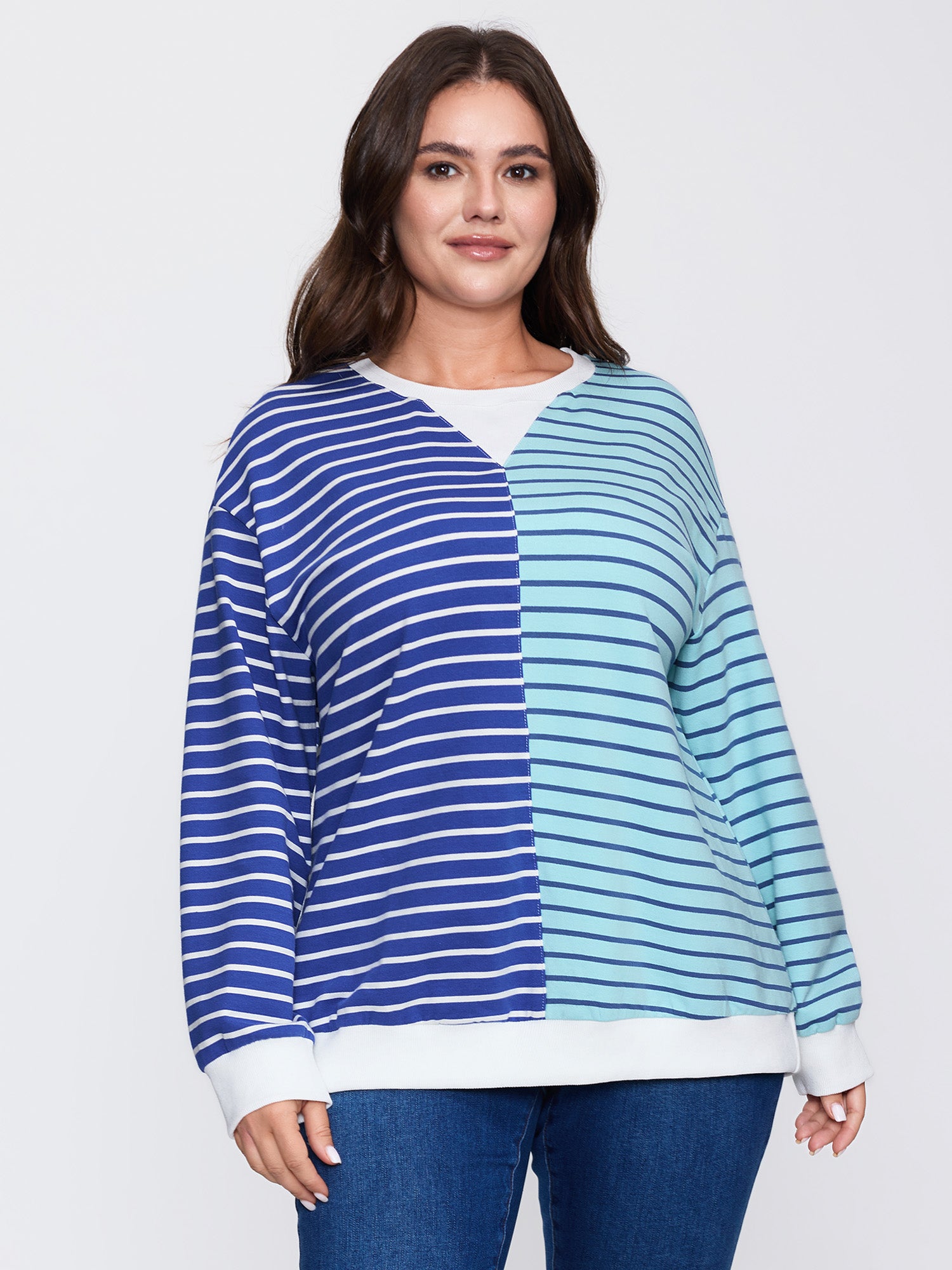 Color Contrast Stripe Print V-Neck Sweatshirt