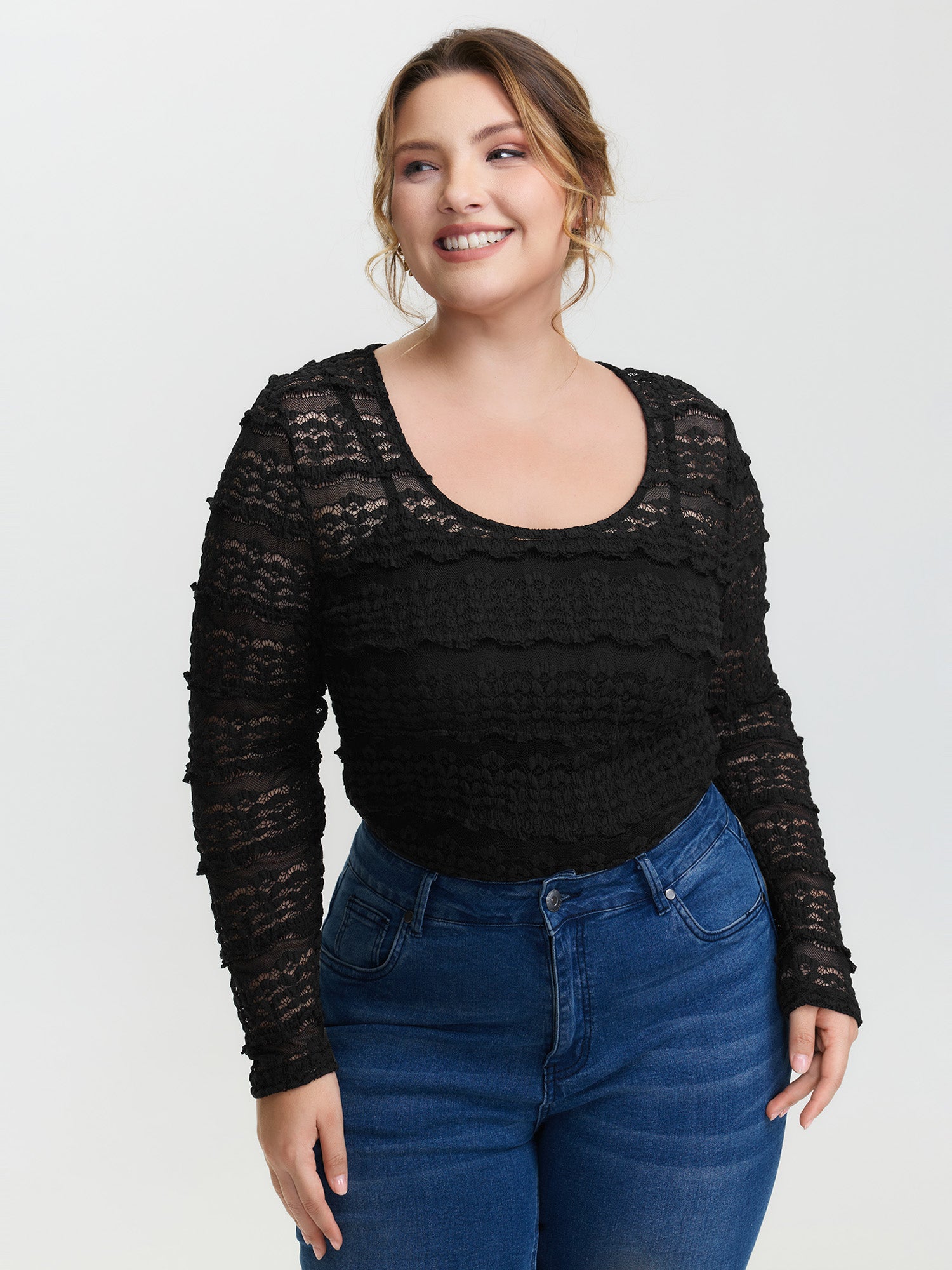 Sheer Textured Scoop Neck Bodysuit