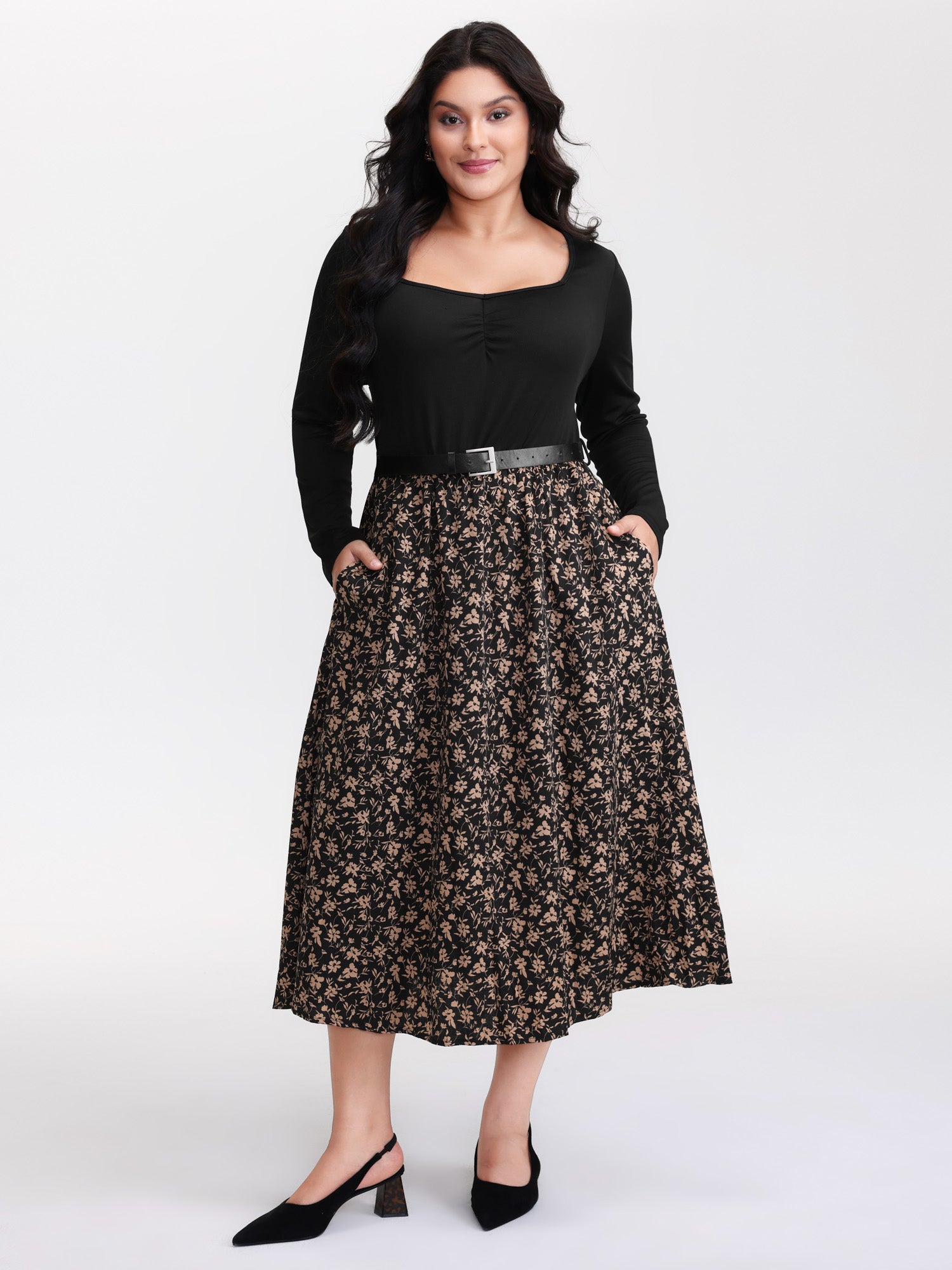 Floral Ruched Detachable Belt Maxi Dress