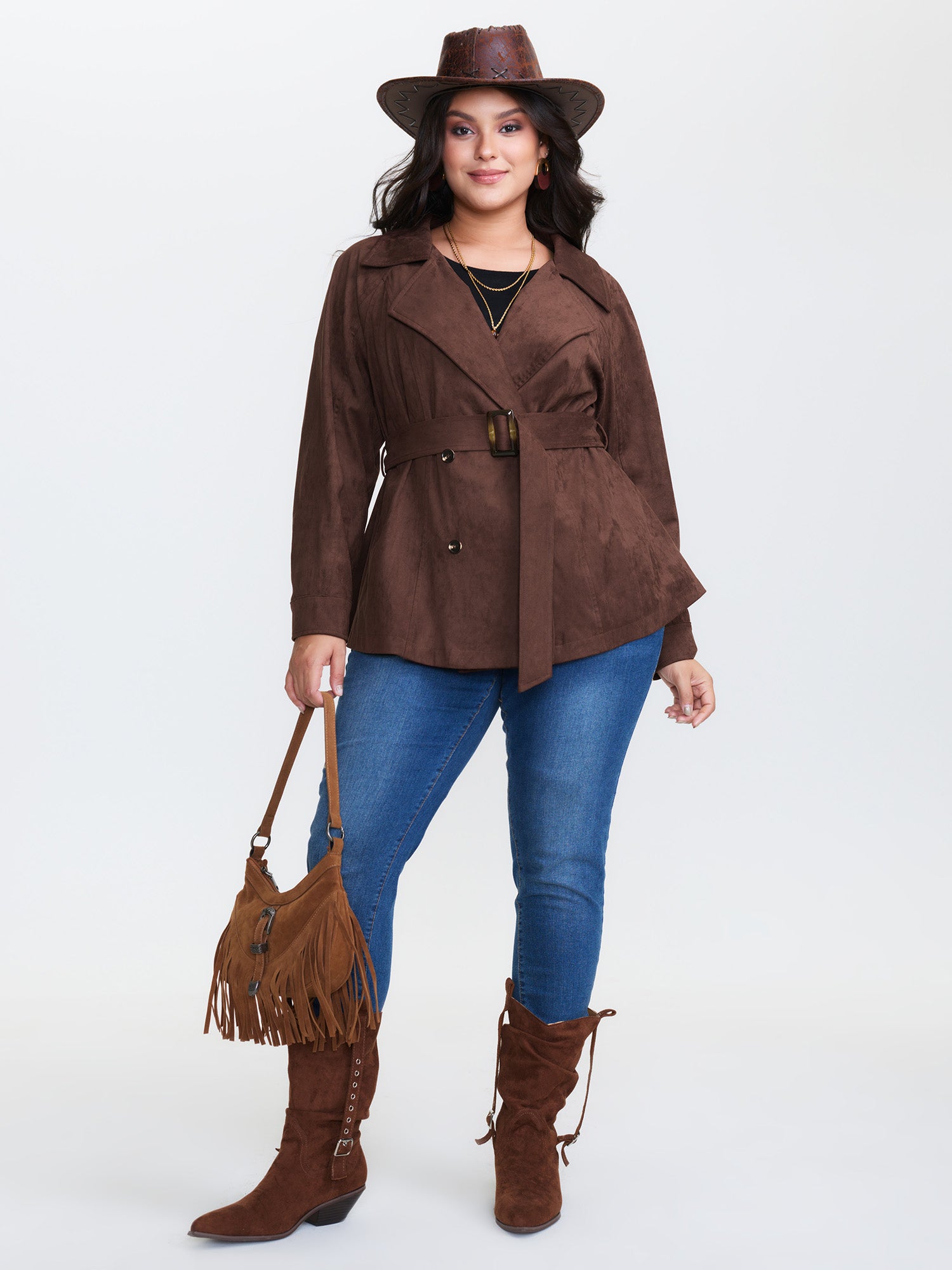 Suede Velvet Cinched-Waist Lined Jacket
