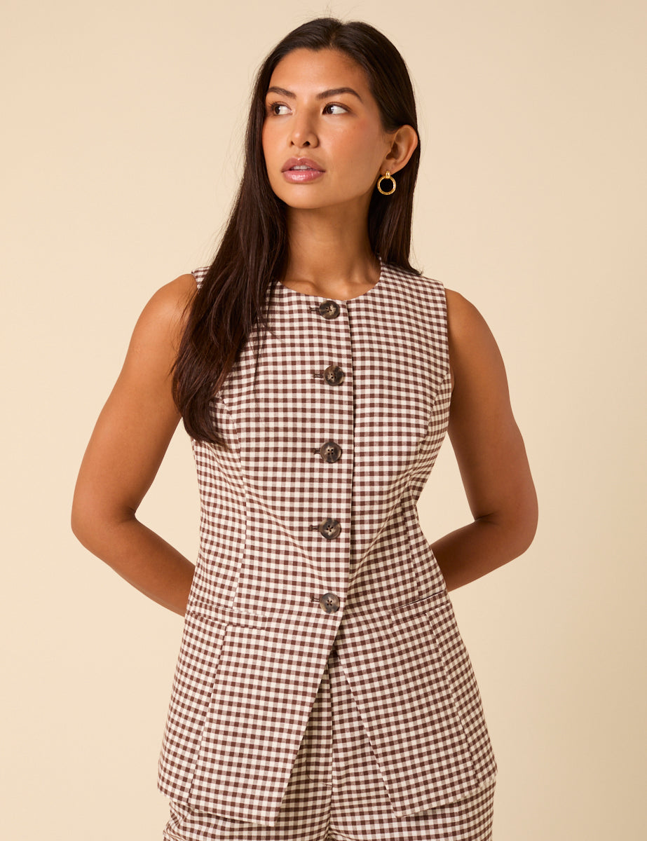 Brown Gingham Tailored Longline Waistcoat