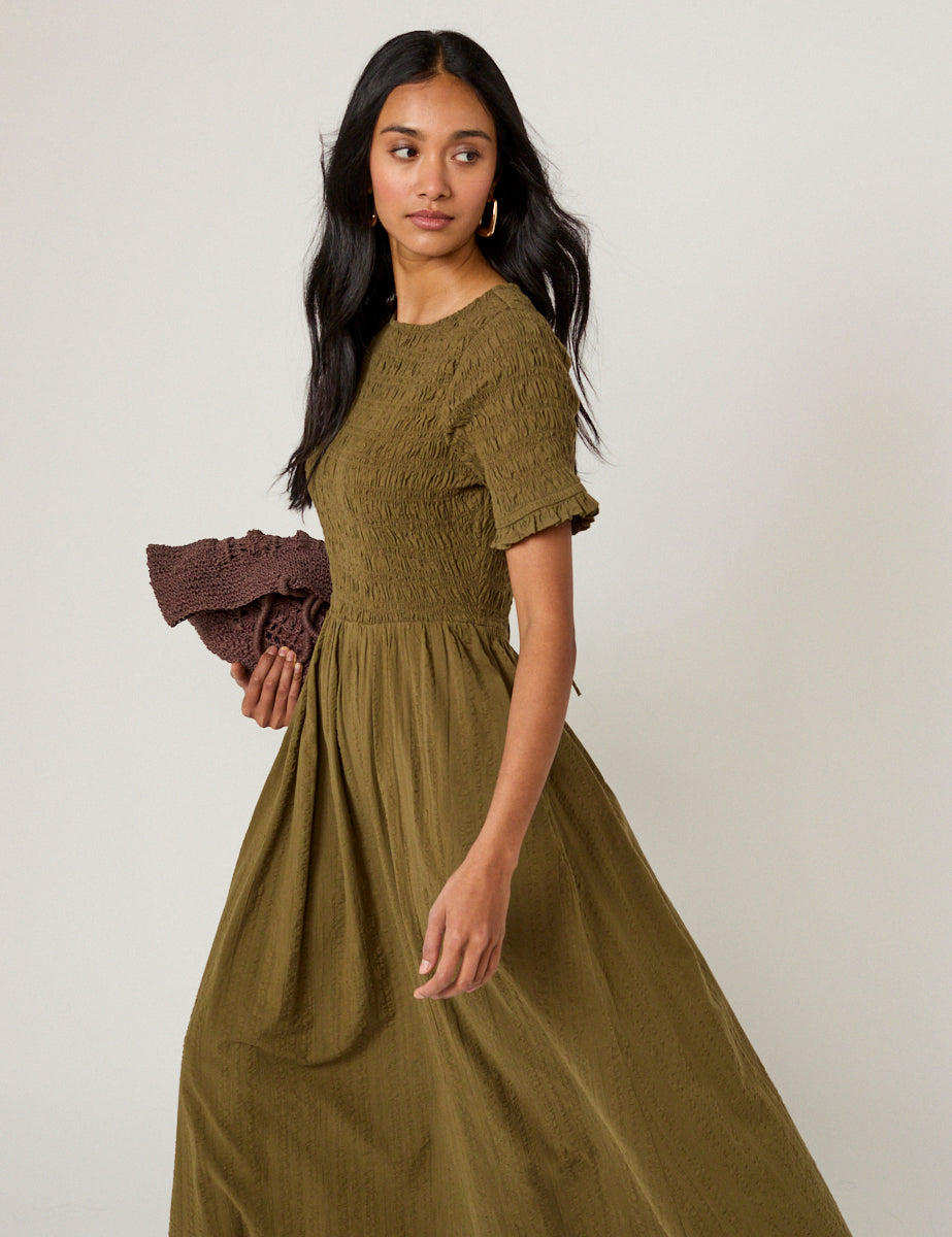 Khaki Shirred Leah Midi Dress