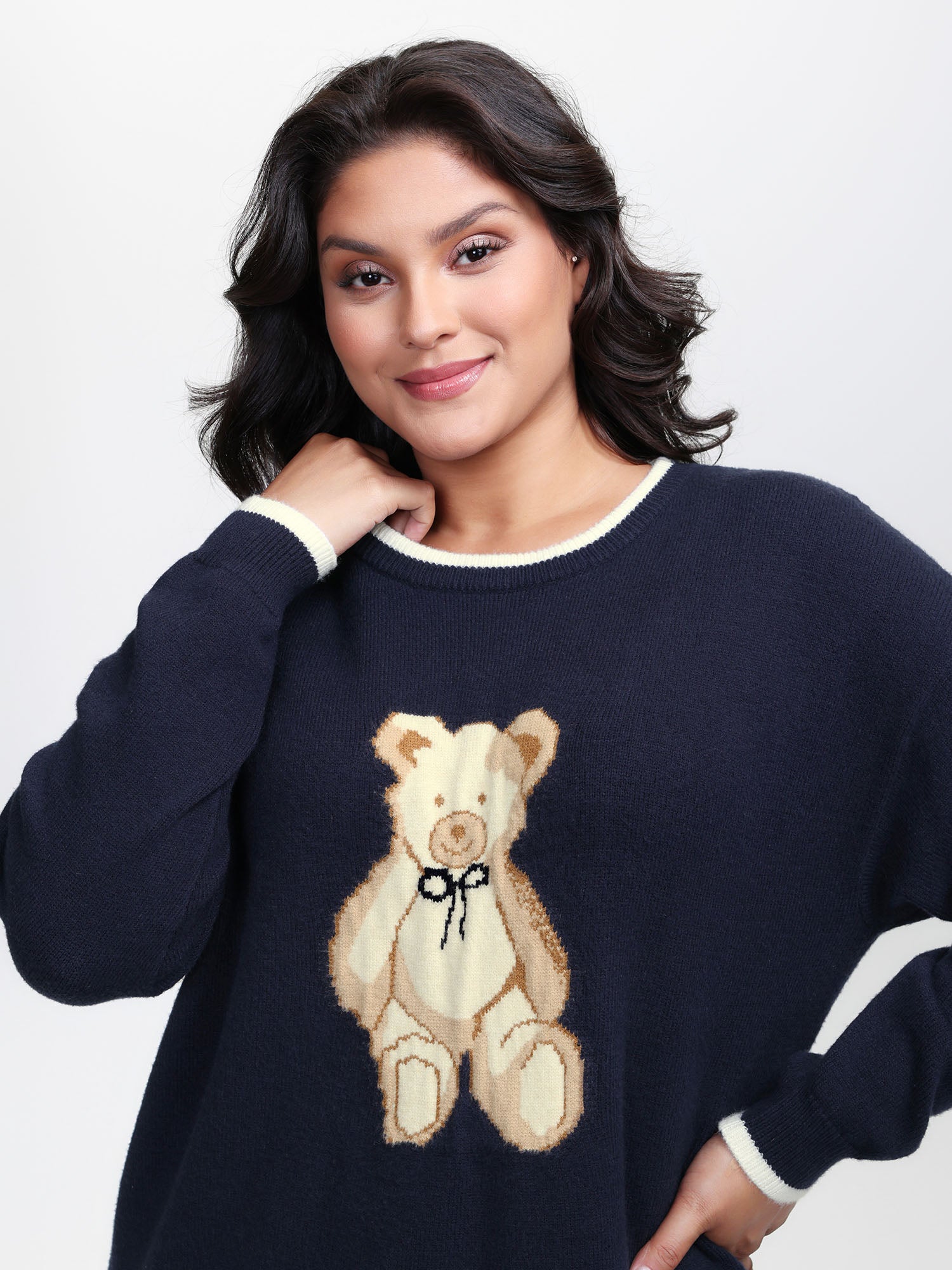 Bear Motif Jacquard Color Contrast Pullover