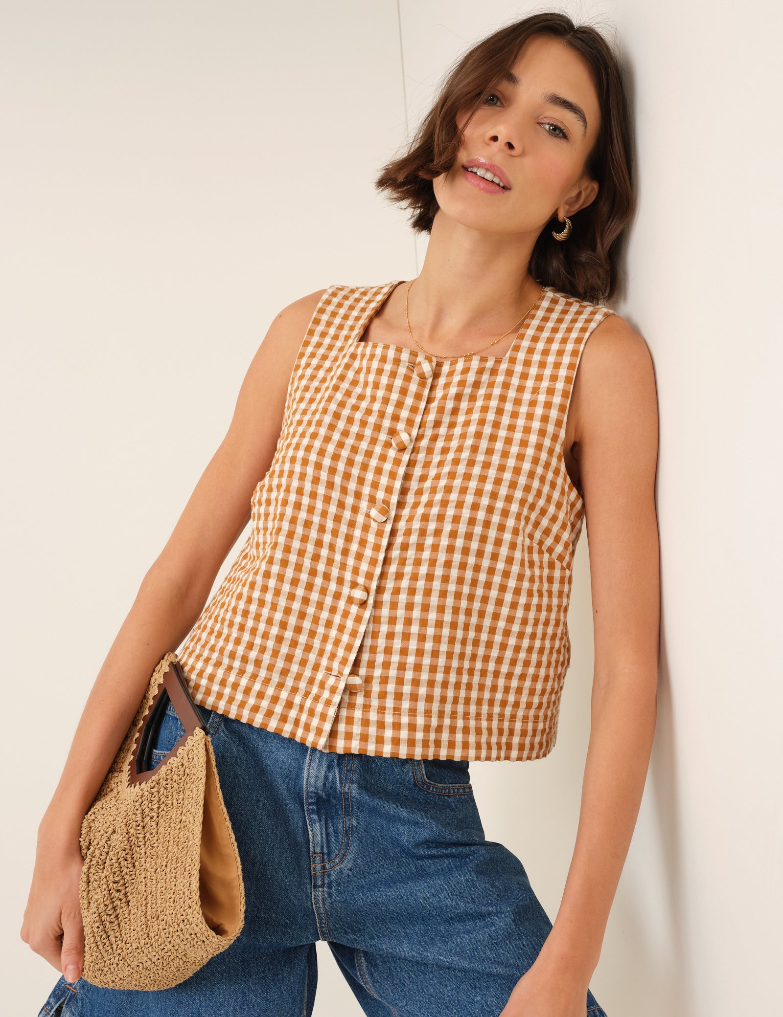 Orange Gingham Button Front Top