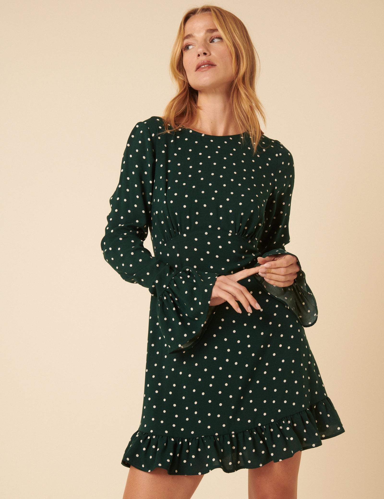 Green Polka Dot Flute Sleeve Mini Dress