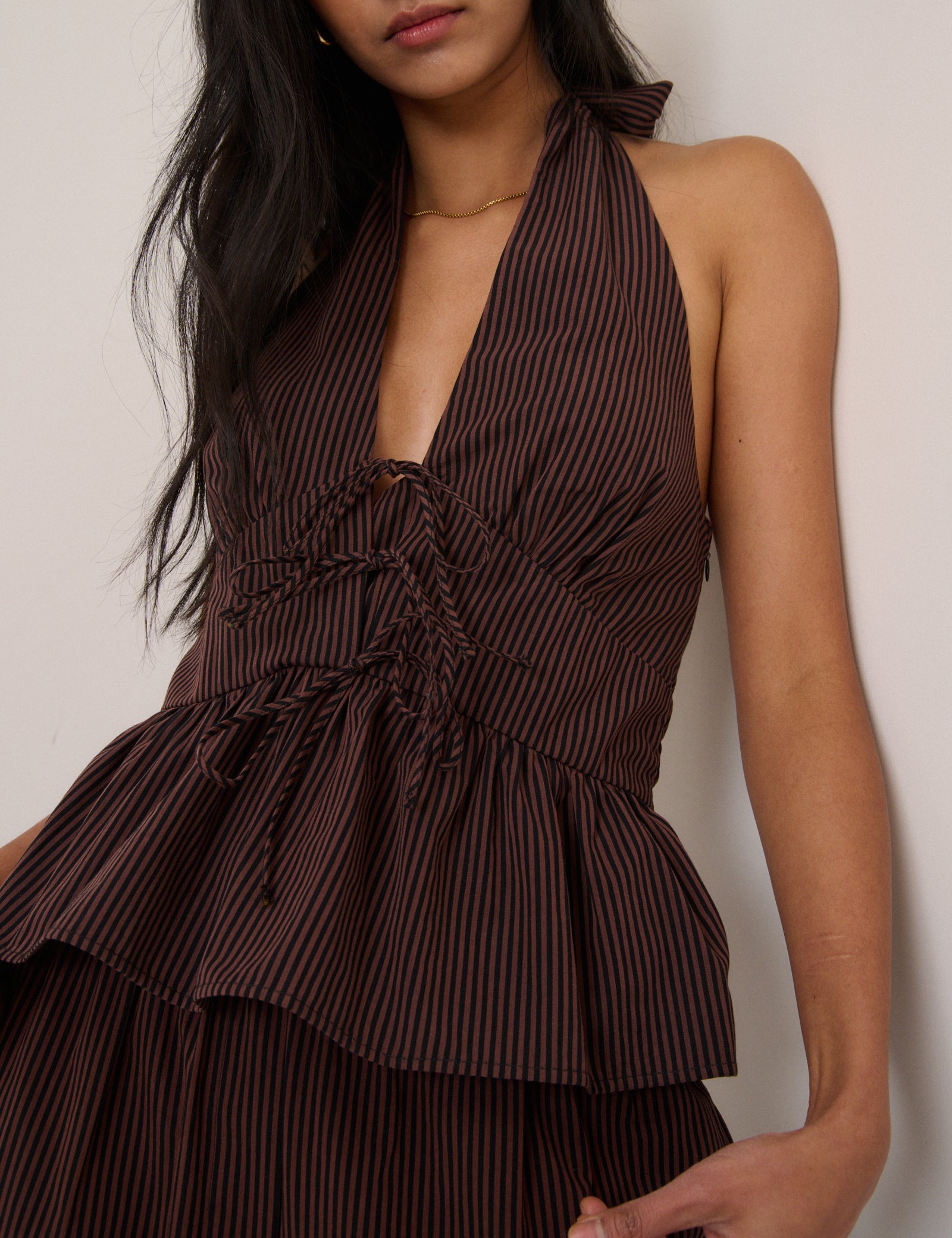 Brown Pinstripe Halterneck Top