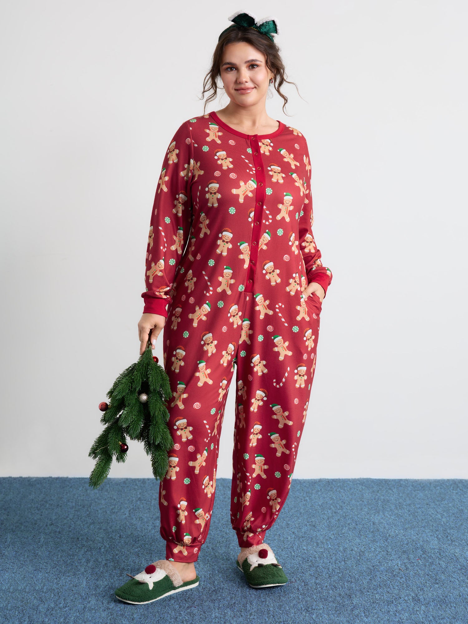 Gingerbread Print Button Placket Jumpsuit