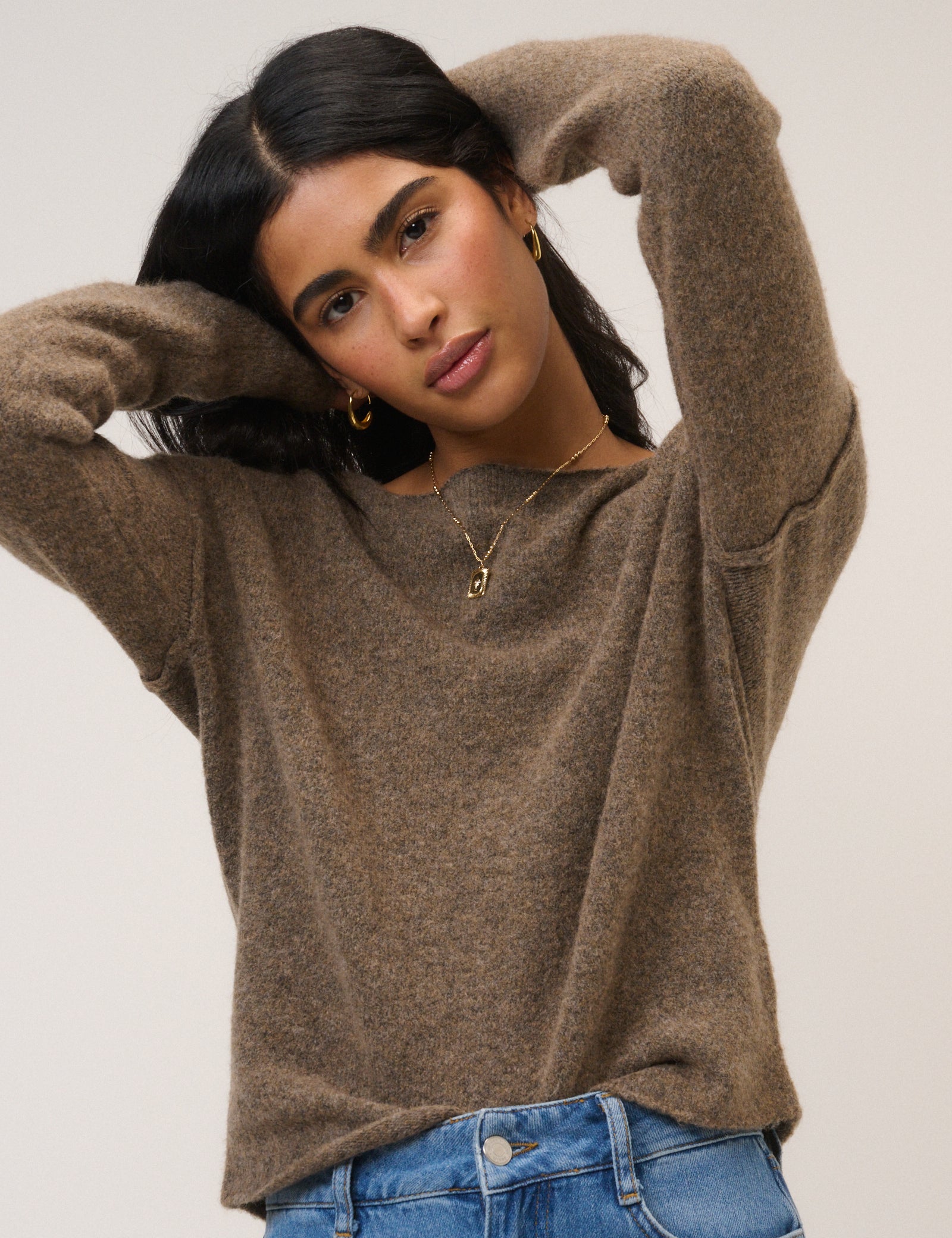 Brown Slash Neck Knitted Jumper