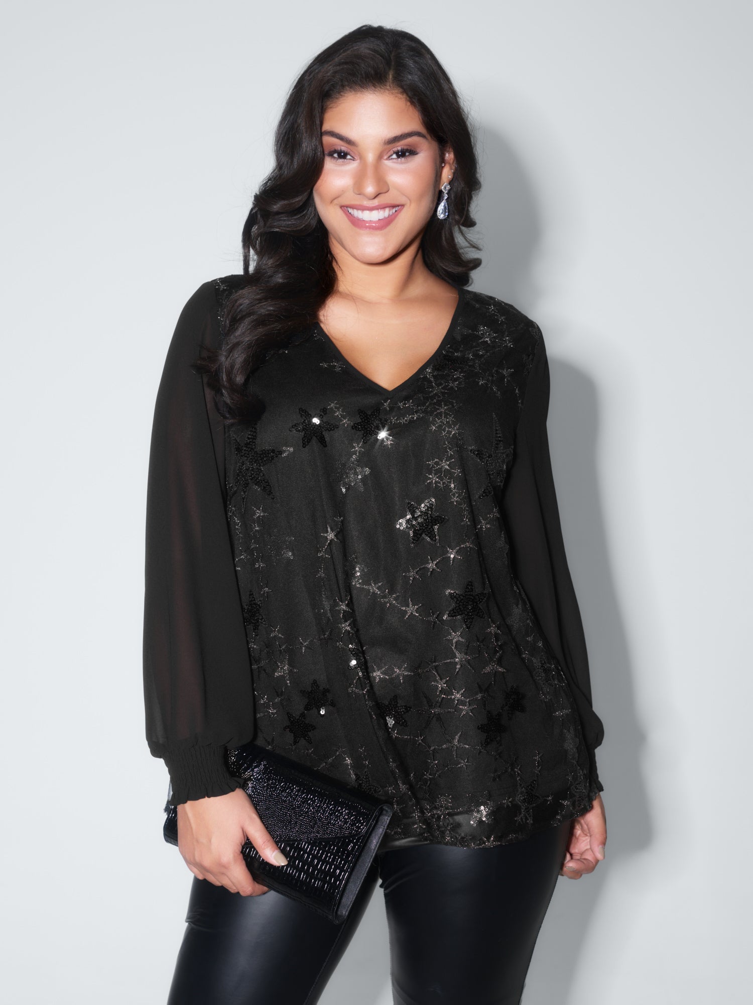 Shimmery Sequin Shirred Cuff Blouse