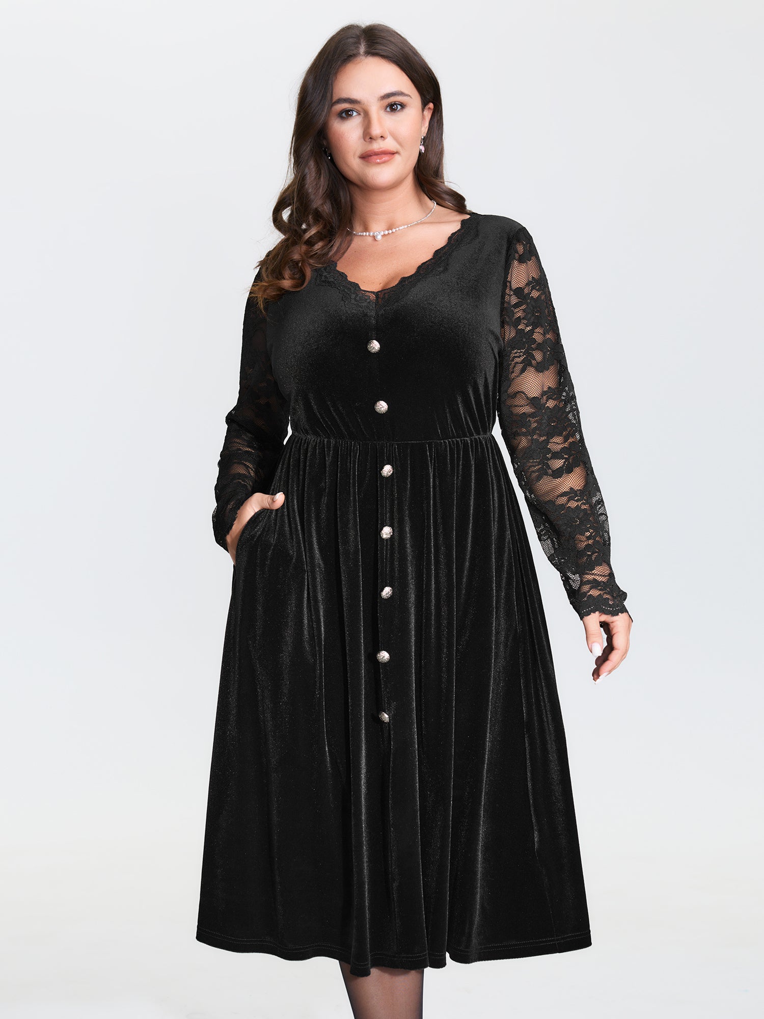 Velvet Sheer Floral Lace Midi Dress