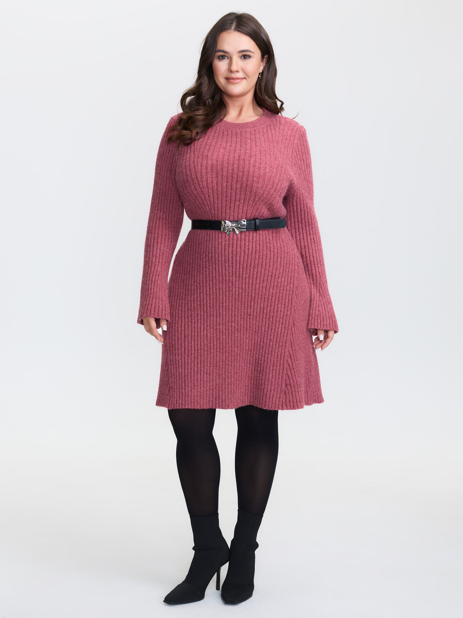 Textured Waist-Defining A-Line Sweater Dress
