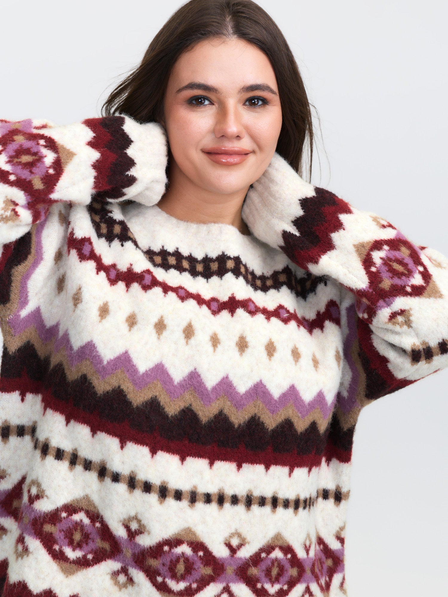 Boho Print Round Neck Ribbed Hem Pullover