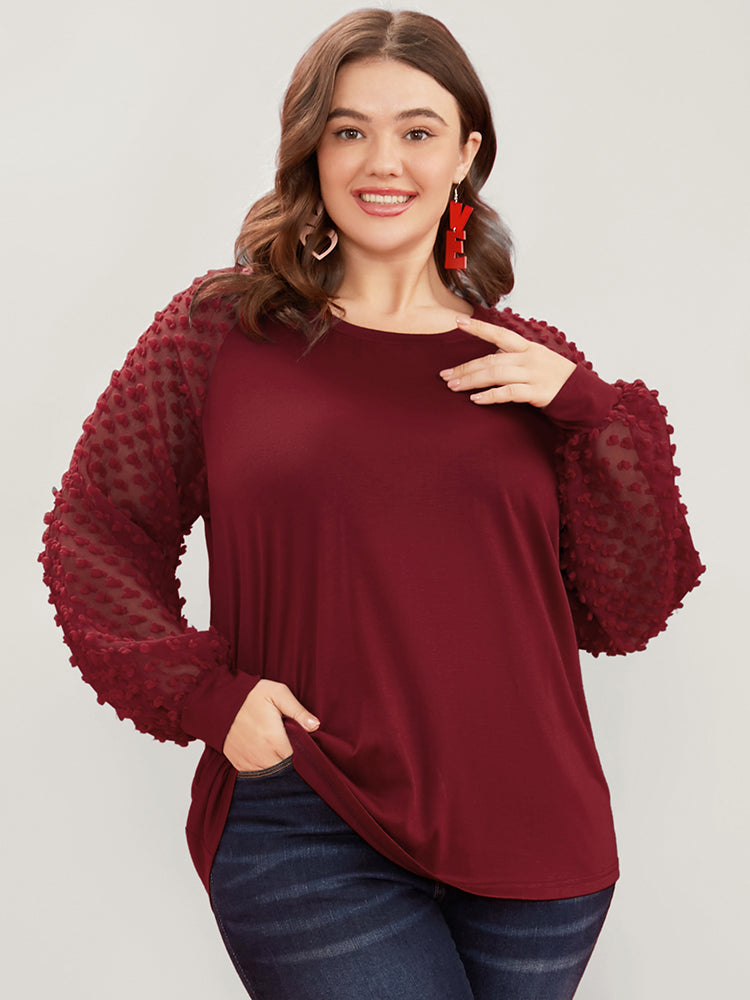 Solid Mesh Patchwork Embroidered Round Neck Long Tee