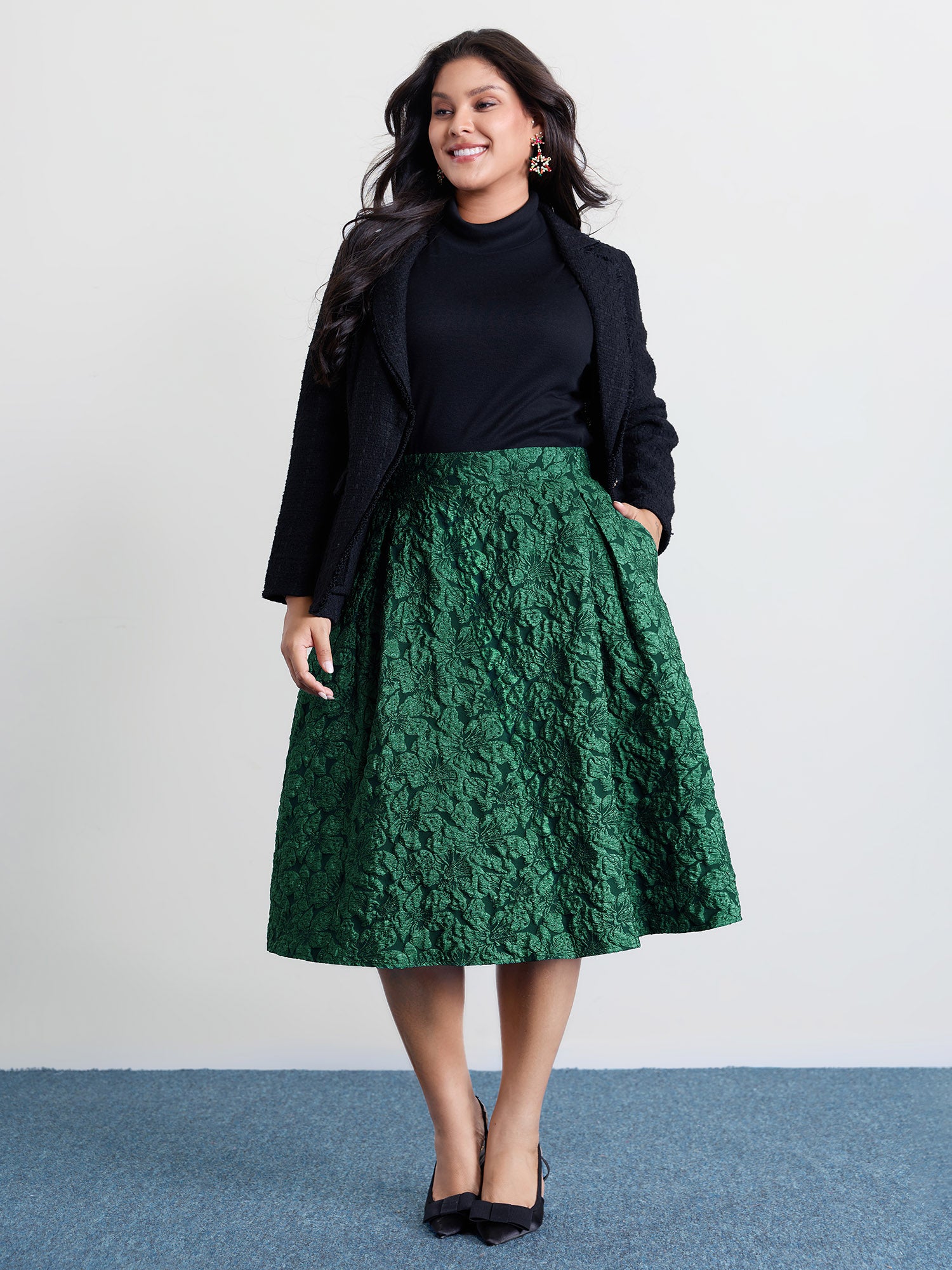 Floral Jacquard Pleated Midi Skirt