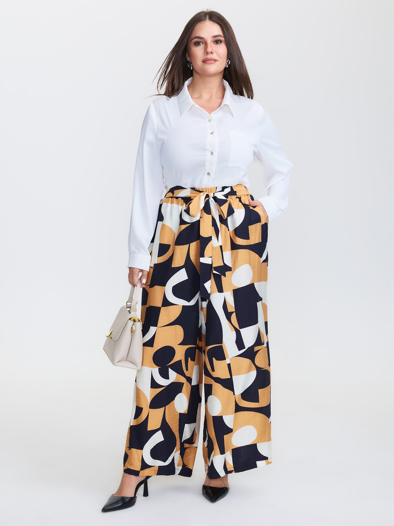 Abstract Print Belted Wide-Leg Pants