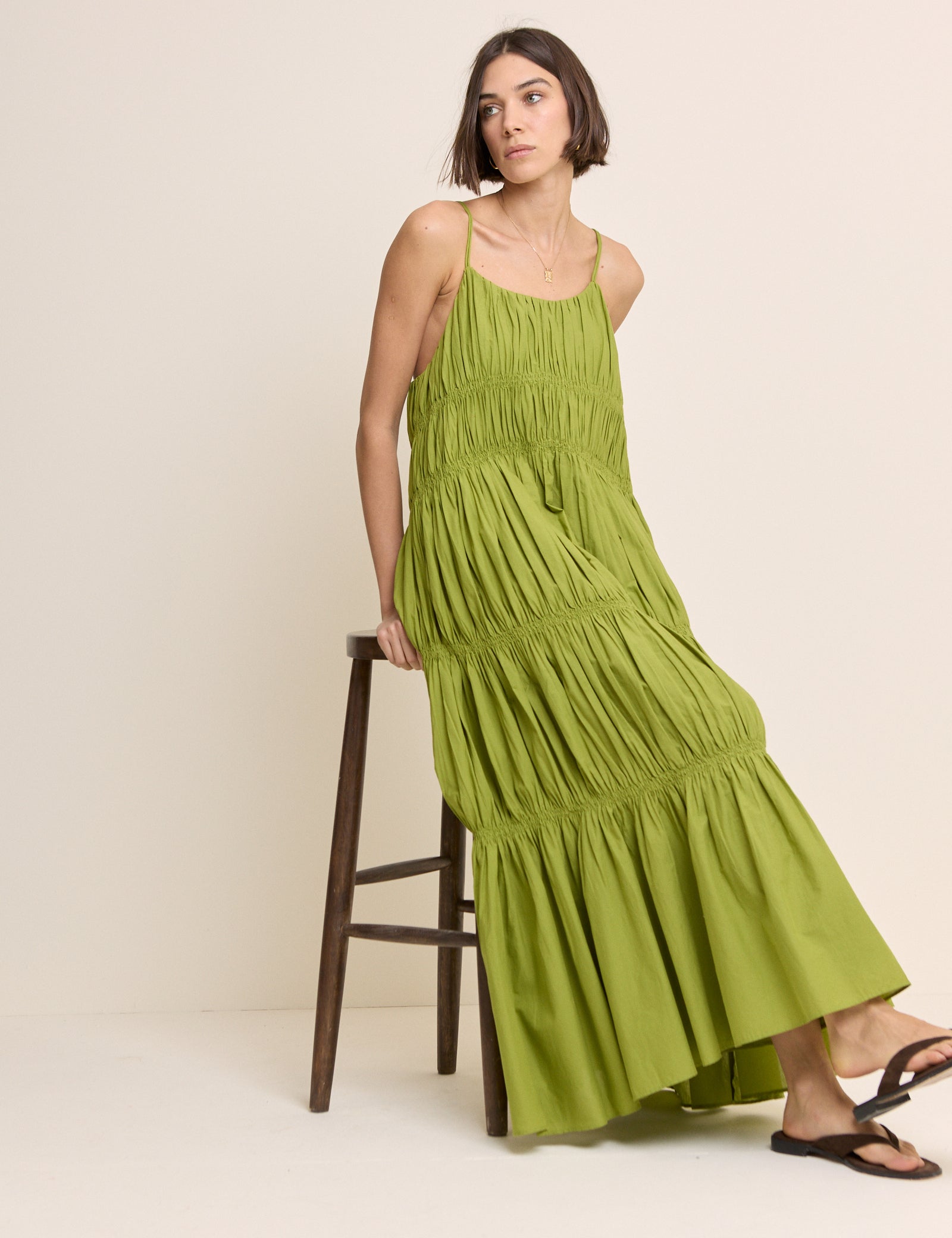 Green Ruched Tiered Daphne Maxi Dress