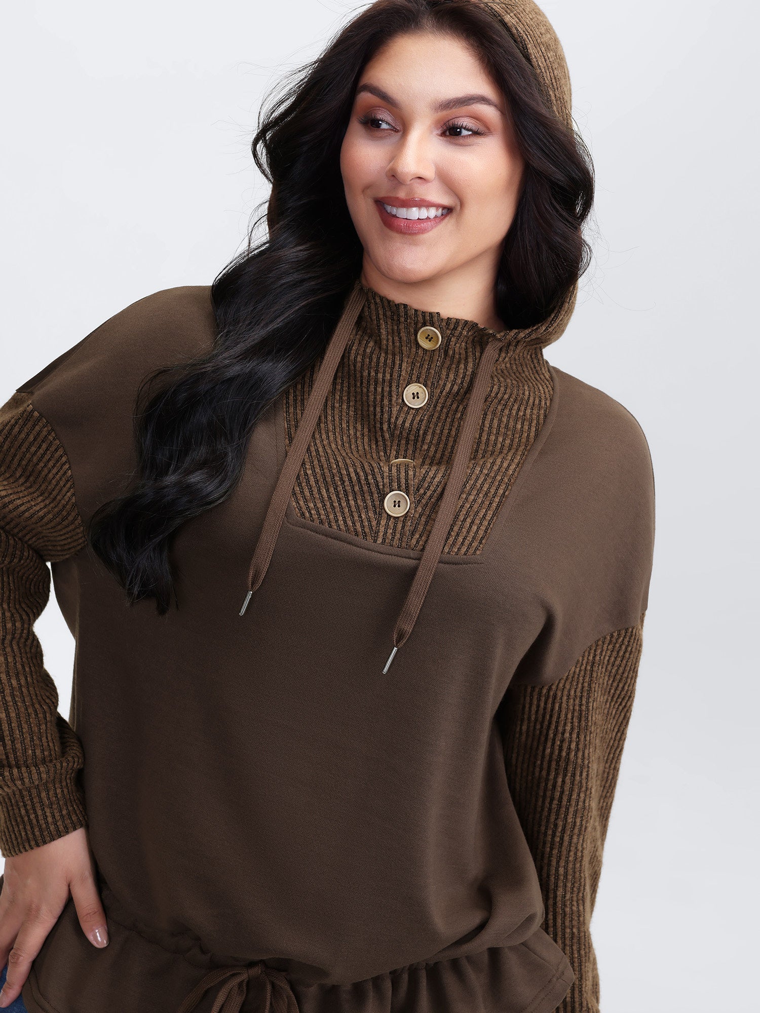 Drawstring Mixed Material Button Hoodie
