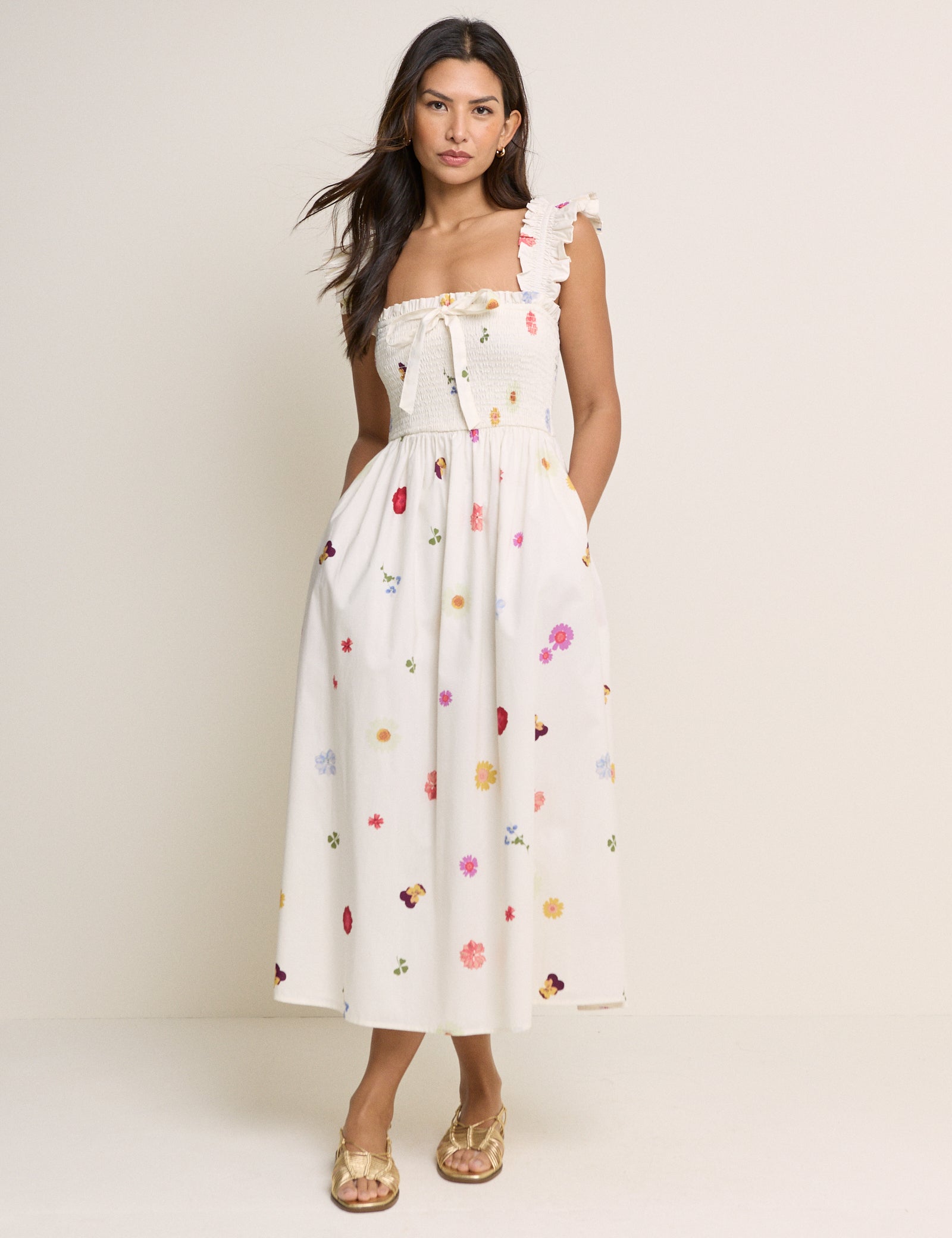 White Floral Shirred Christina Midi Dress