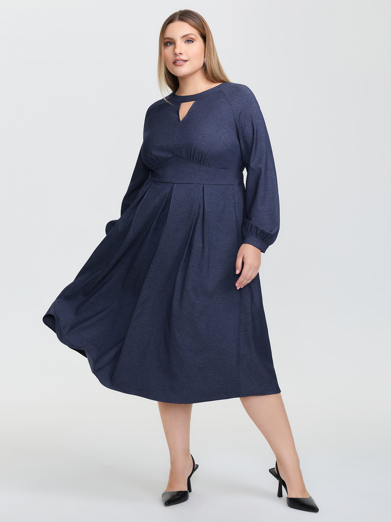 Denim-Like Pleated Cut-Out Neck Maxi Dress