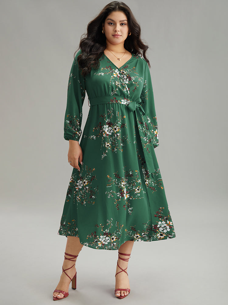 Floral Print Belted Split Surplice Neck Dress