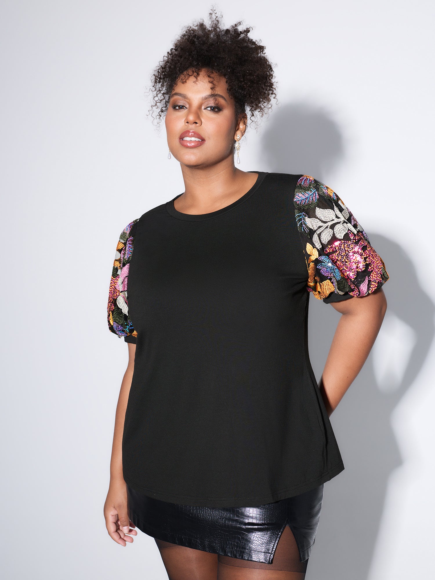 Floral Puffy Sleeve Color Contrast T-Shirt