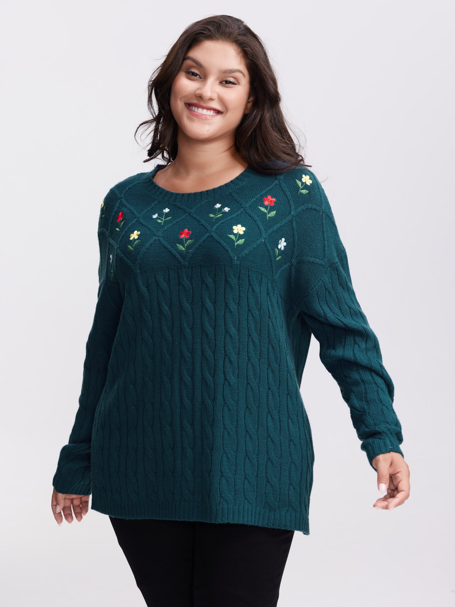 Floral Embroidered Cable Knit Pullover