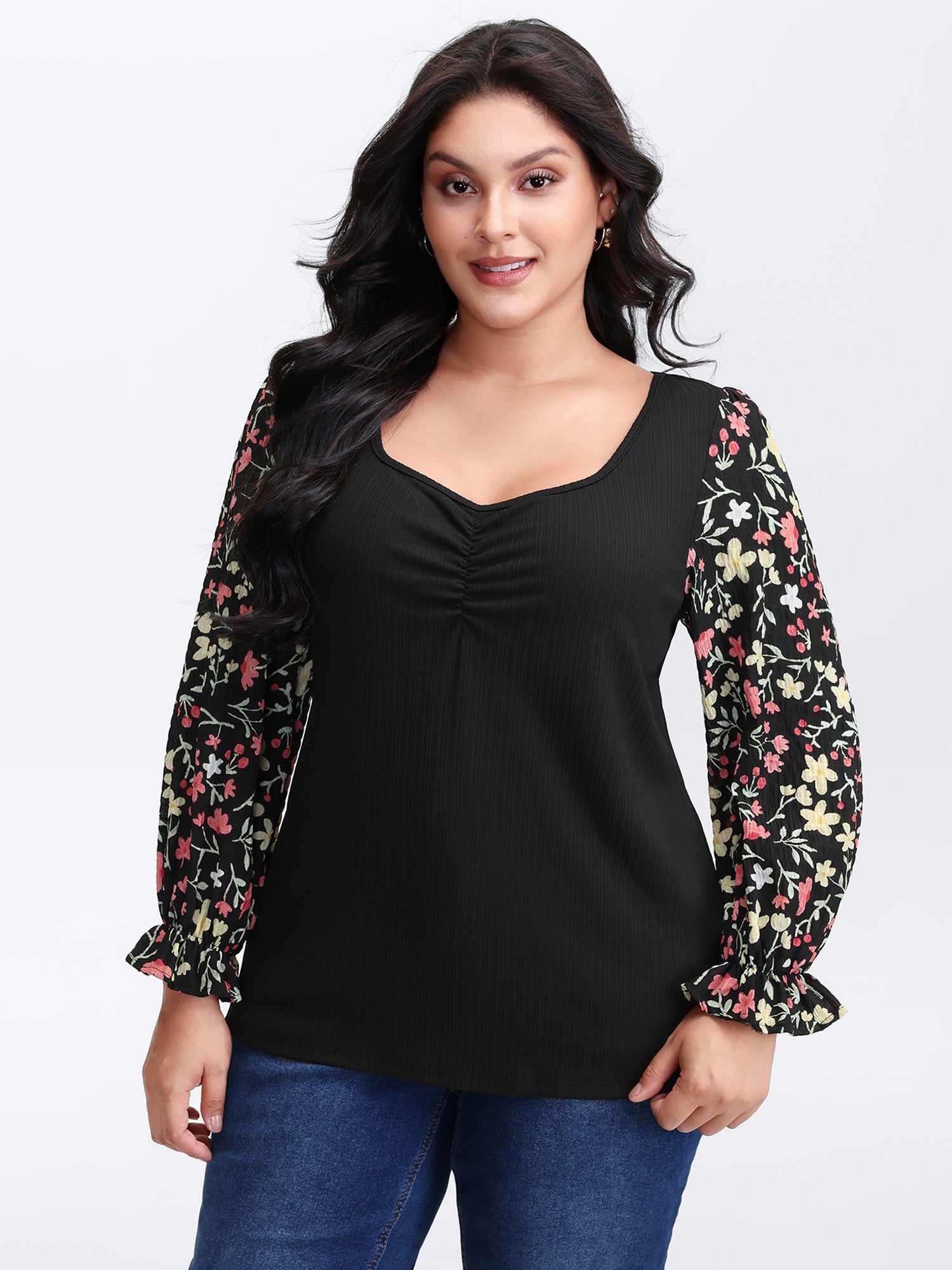 Textured Spliced Floral Sleeves Top