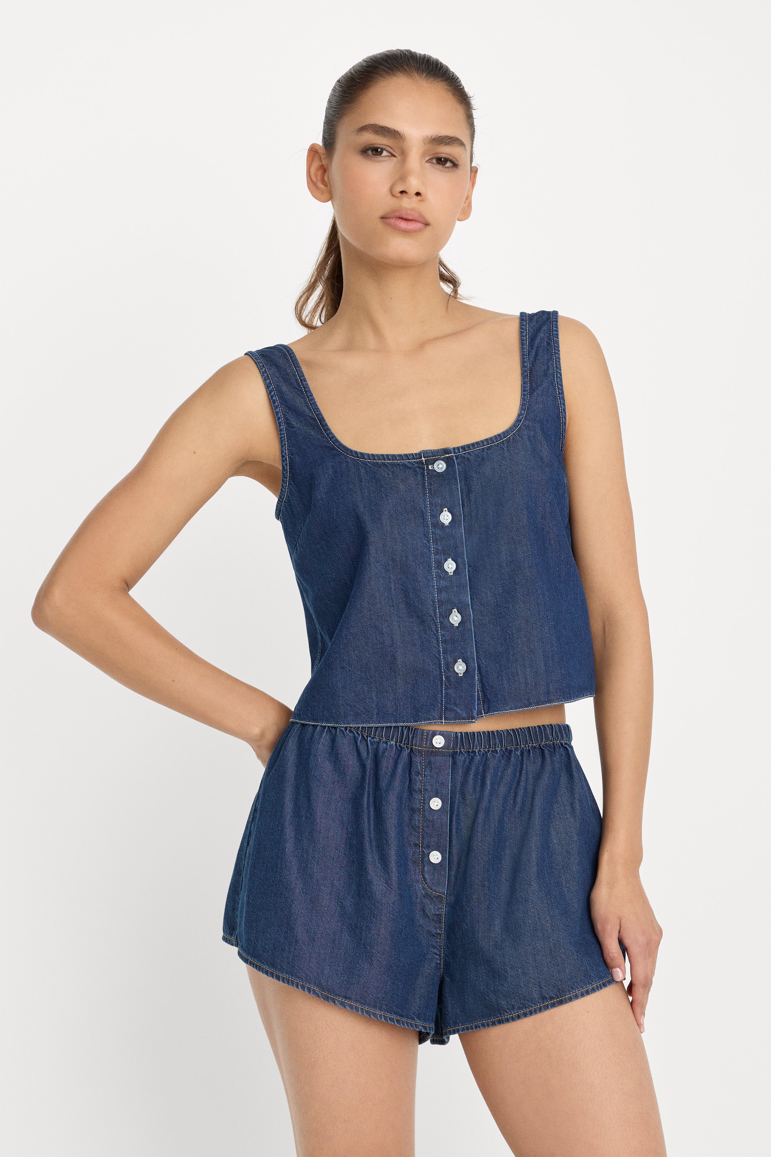 DENIM BUTTON FRONT TANK | INDIGO1187