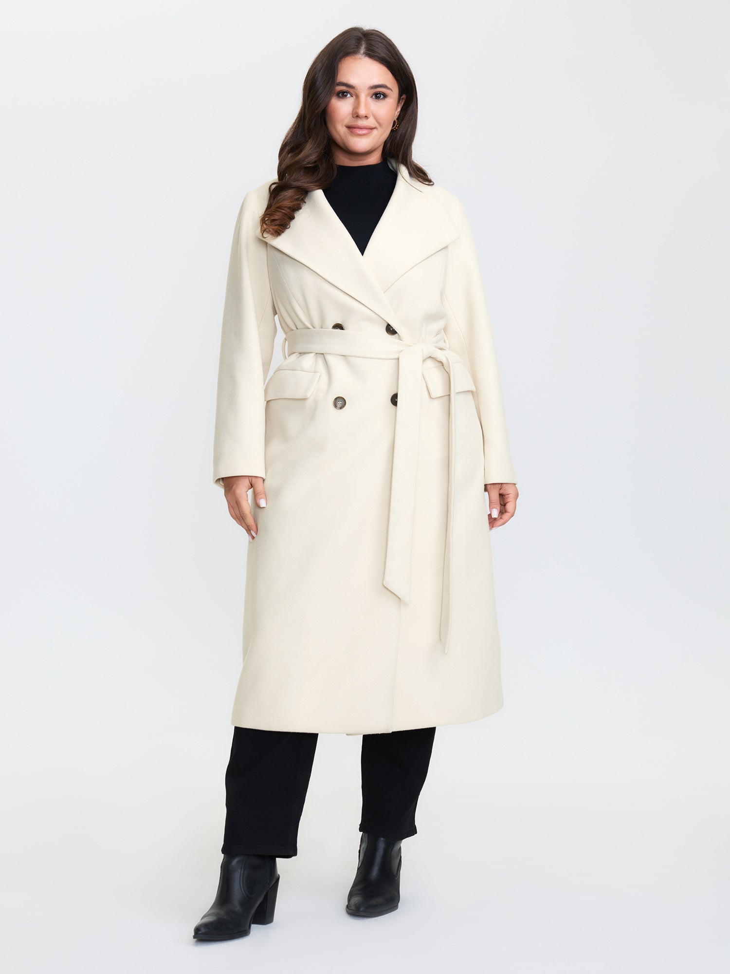 Belted Lapel Collar Double Button Coat