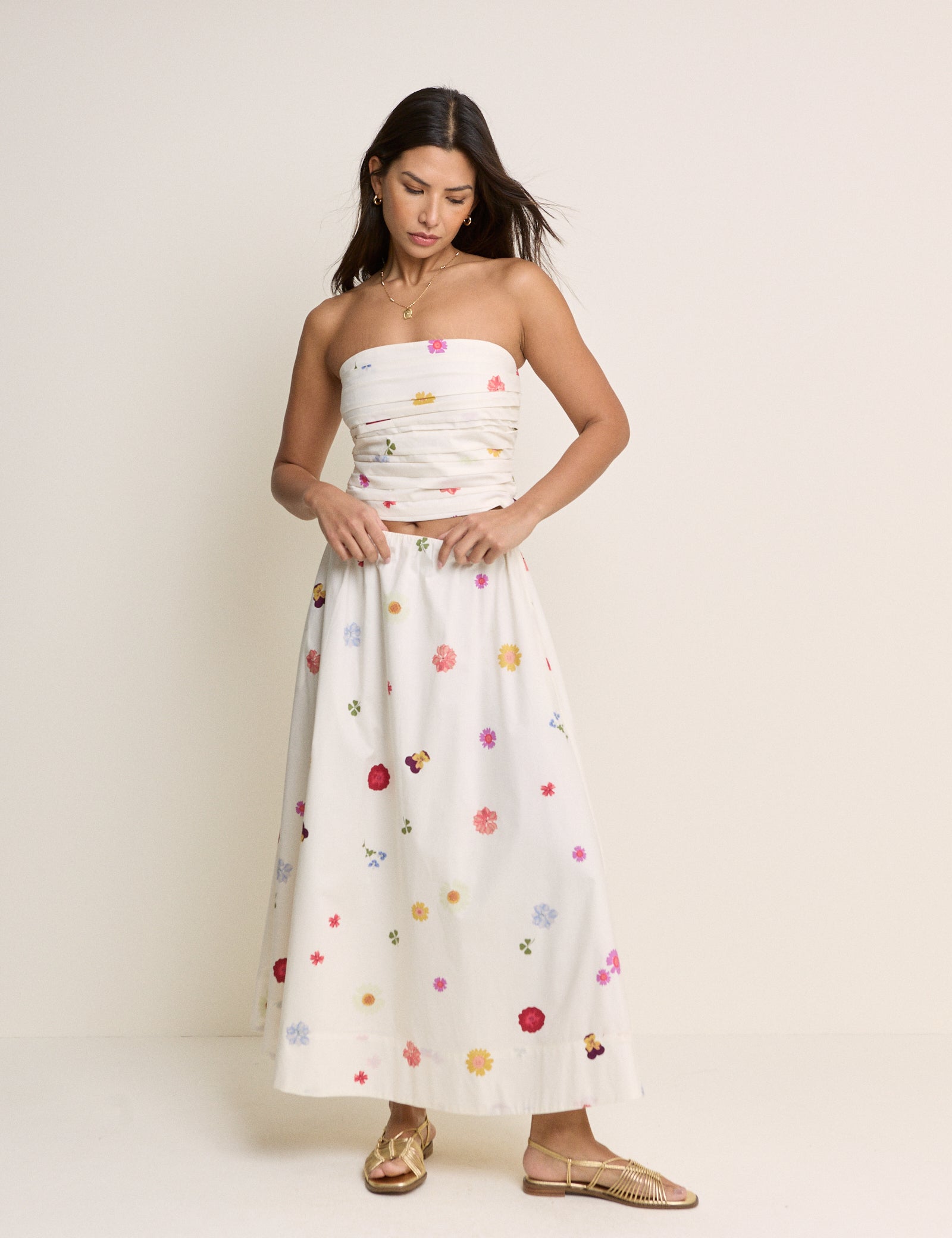 White Floral Poplin Midi Skirt