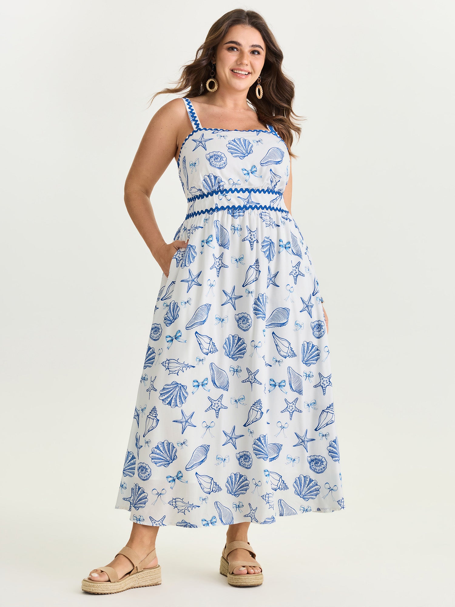 Supersoft Seashell Print Pockets Contrast Edge Maxi Dress
