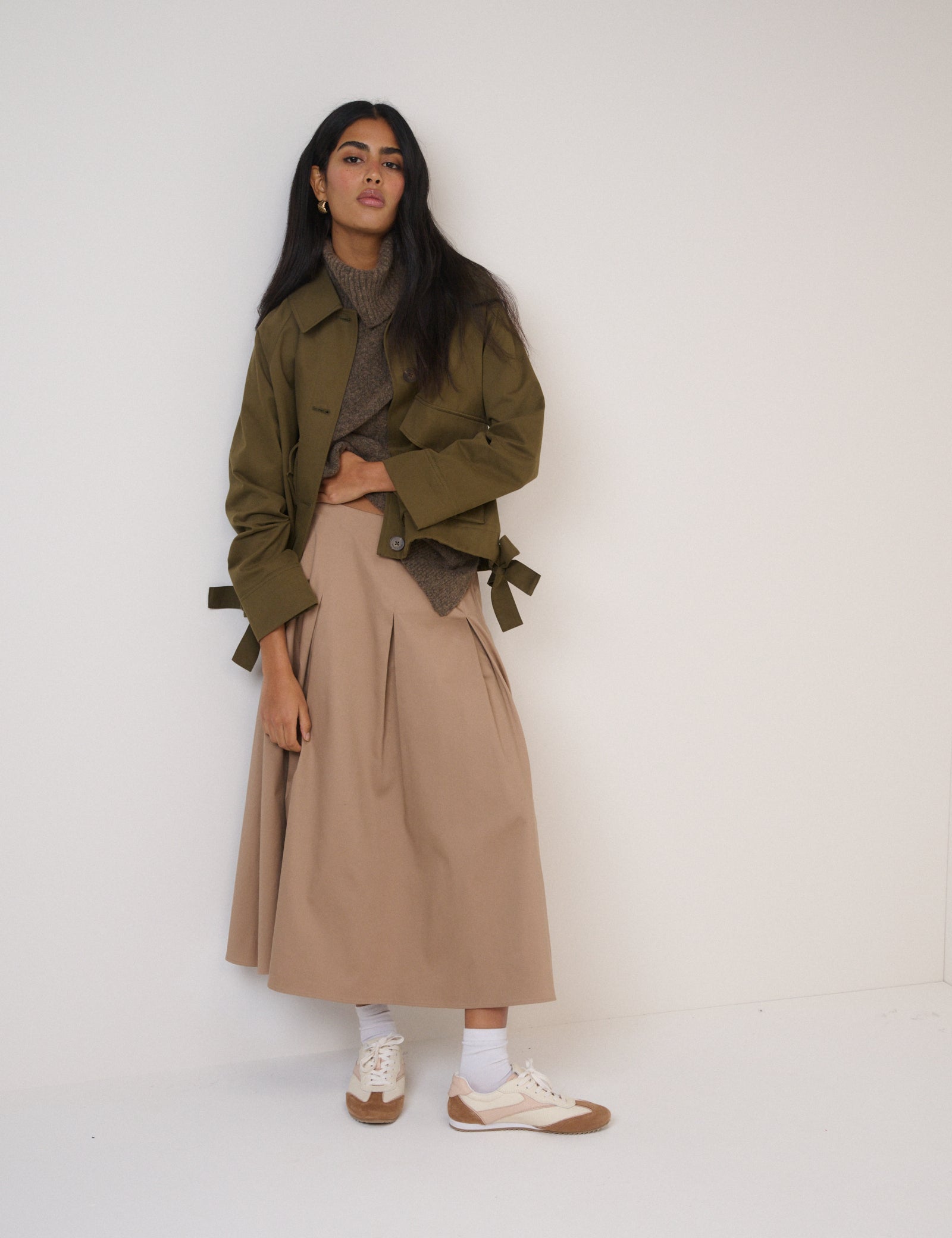 Beige Pleated Midi Skirt