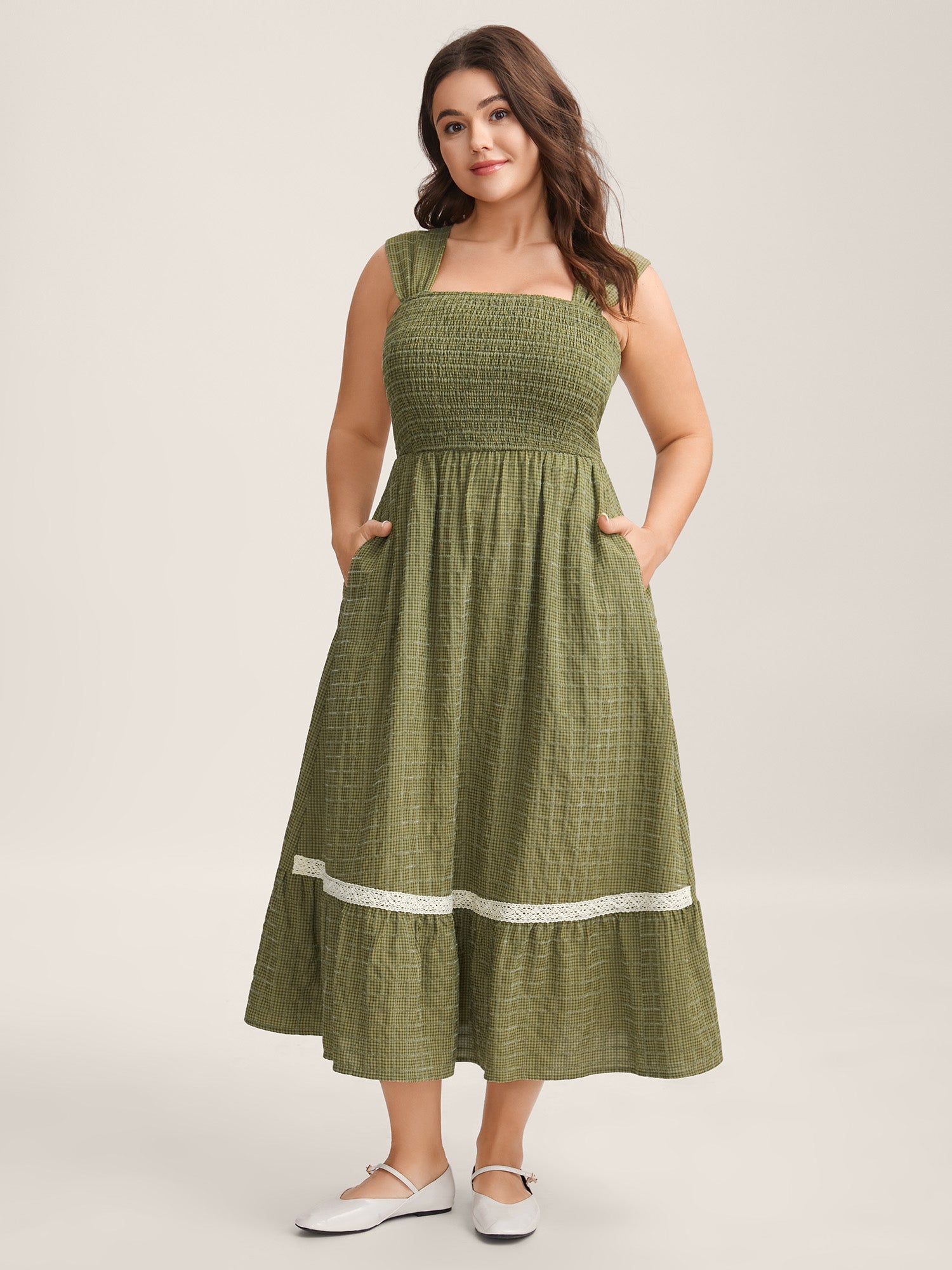 Plaid Shirred Lace Trim Tiered Maxi Dress