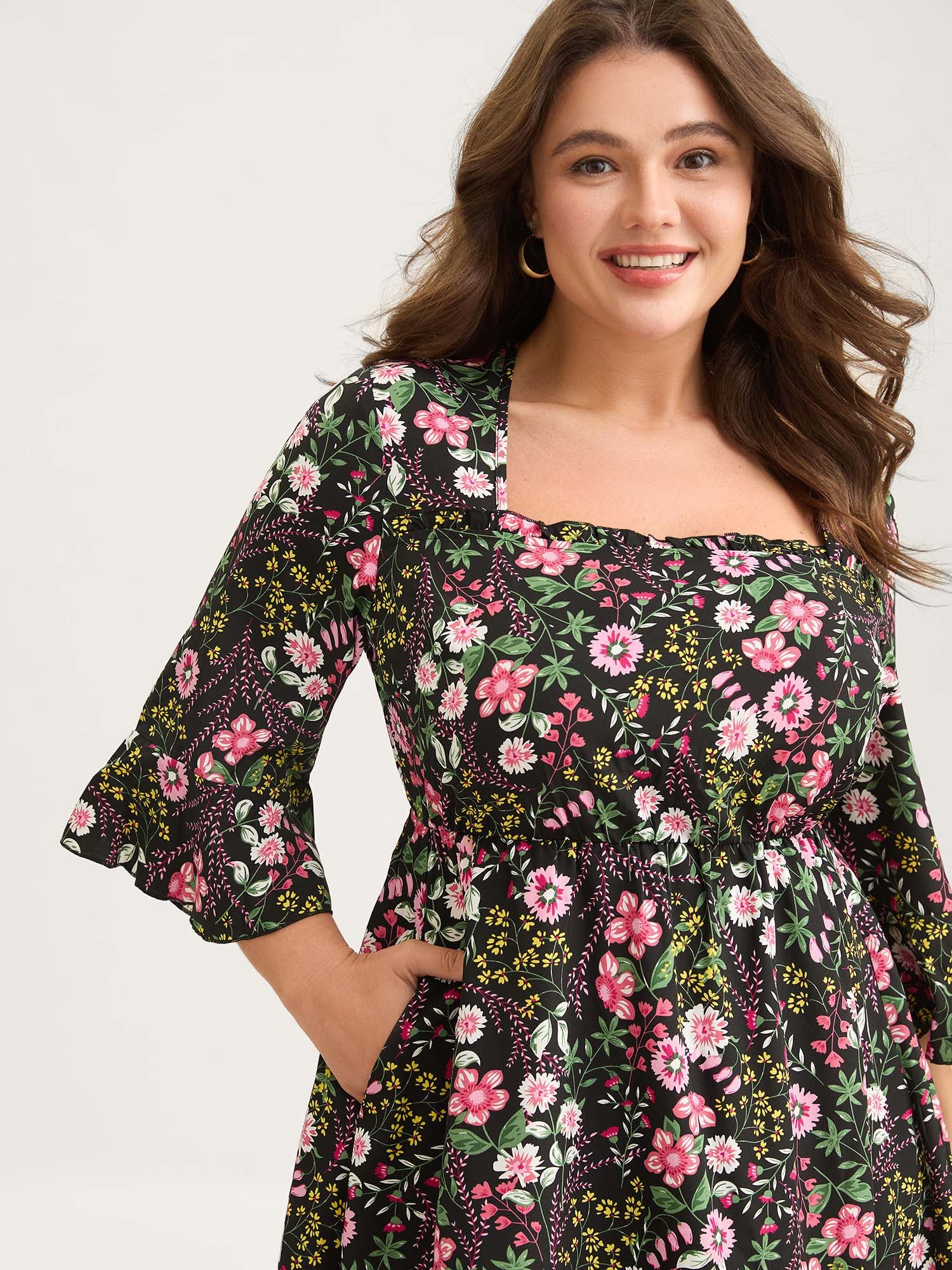 Floral Ruffled Square Neck Midi Dress