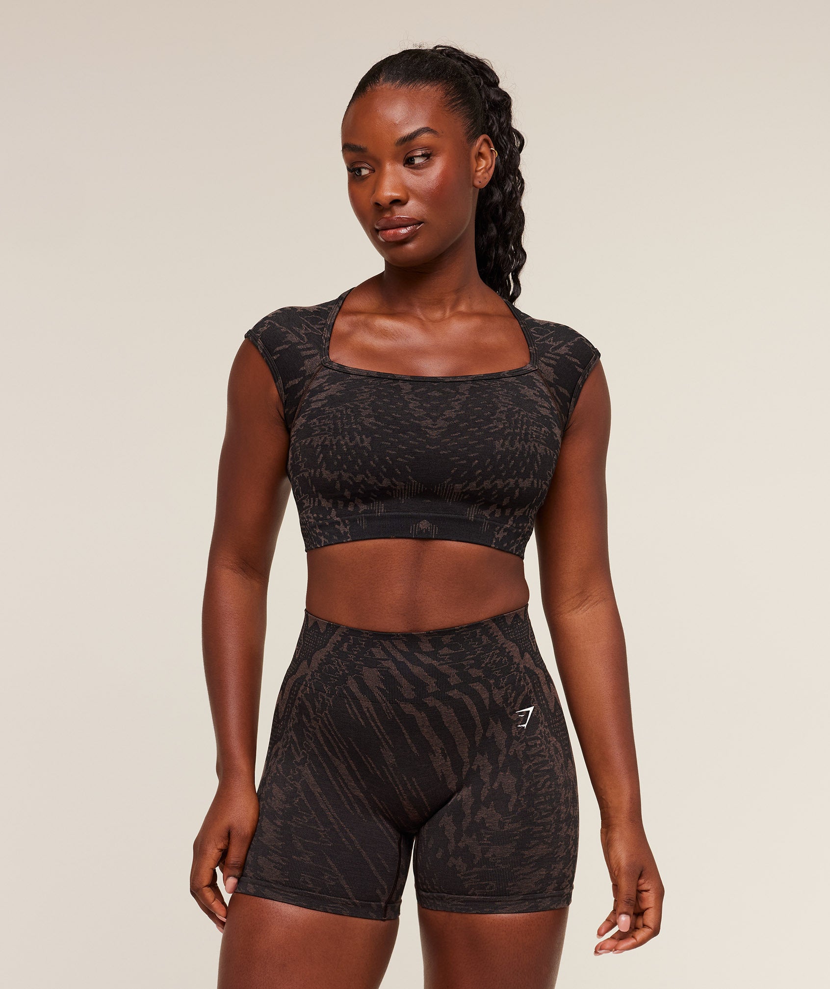 Gymshark Adapt Houndstooth Midi Top - Black/Chestnut Pink