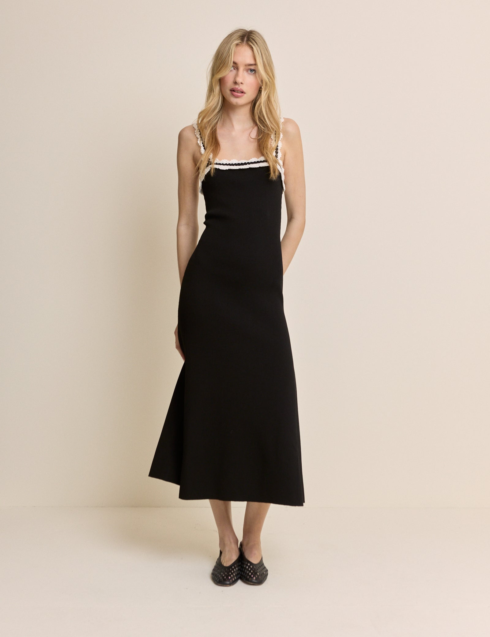 Black Crochet Trim Midi Dress