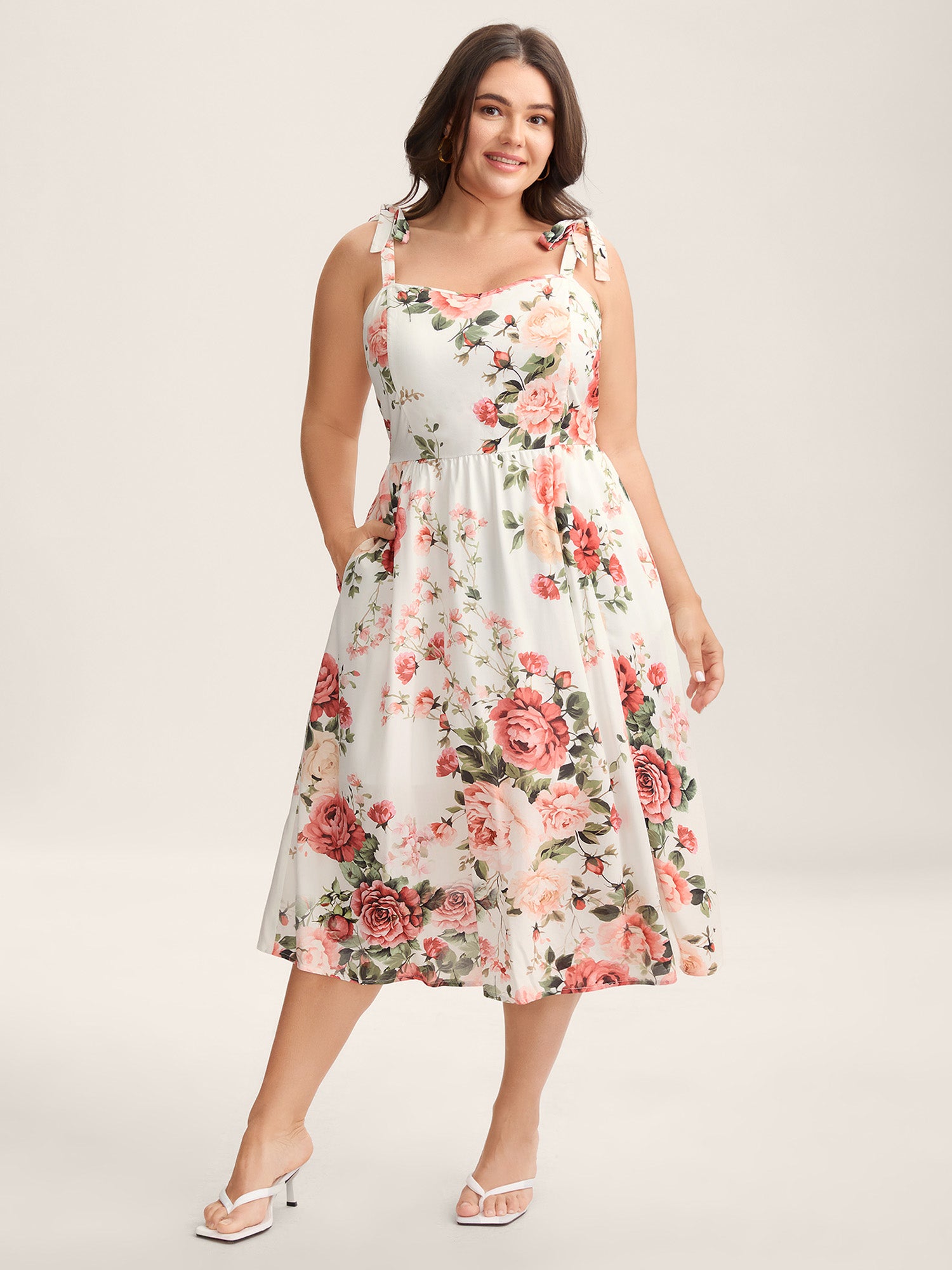 Rosy Print Bow Strap Pockets Midi Dress